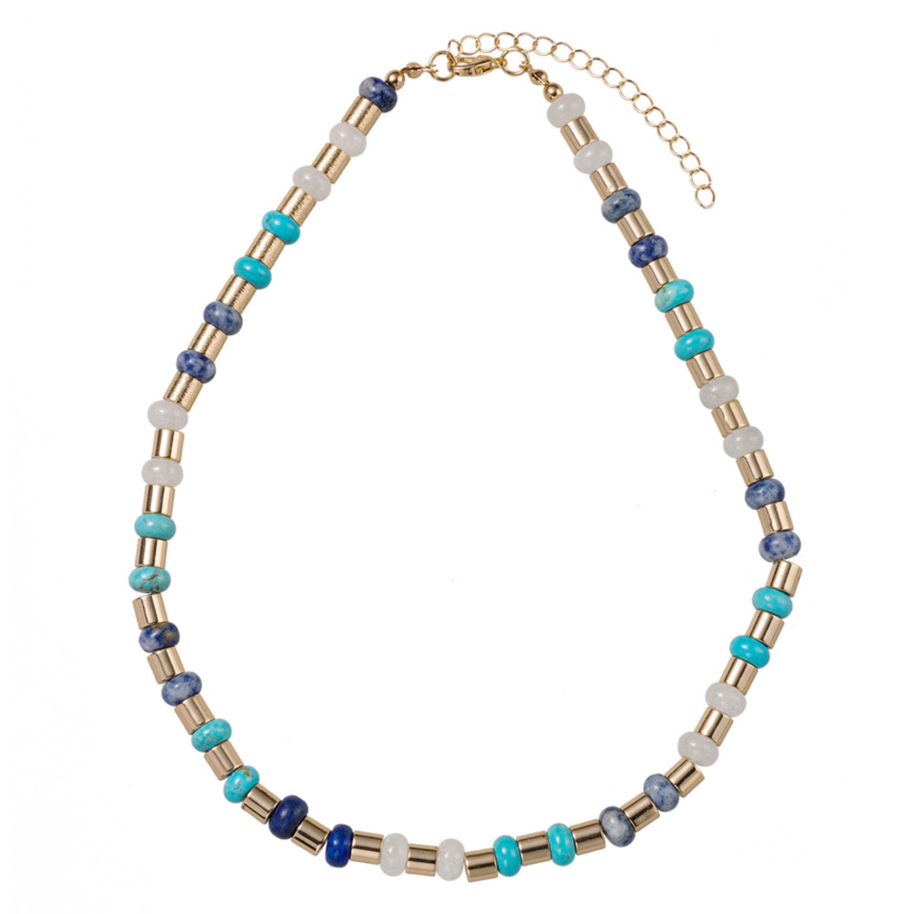 Navy, Turquoise, Clear Beaded Necklace with Gold Tube Spacers