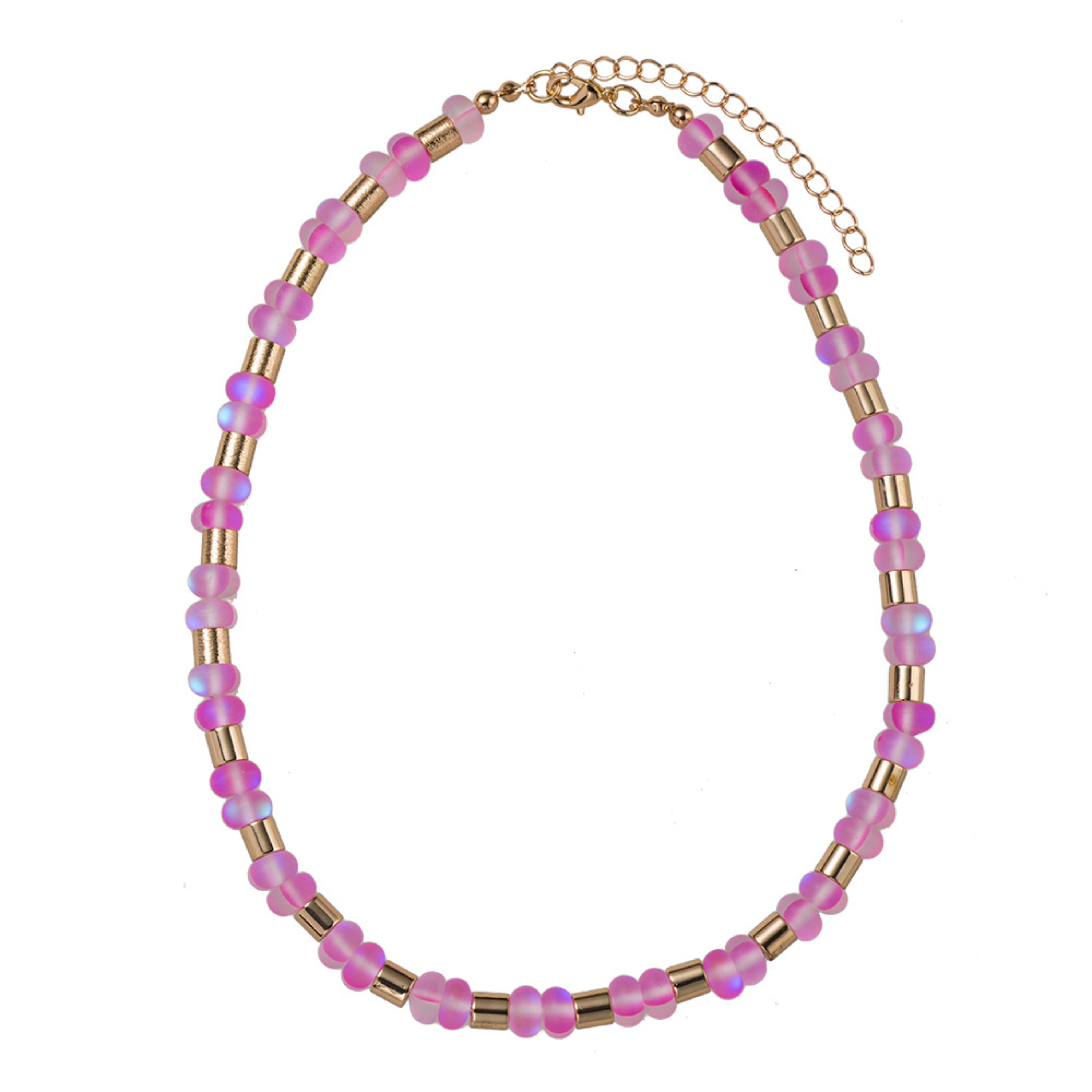 Pink Opalized Beaded Necklace with Gold Tube Spacers
