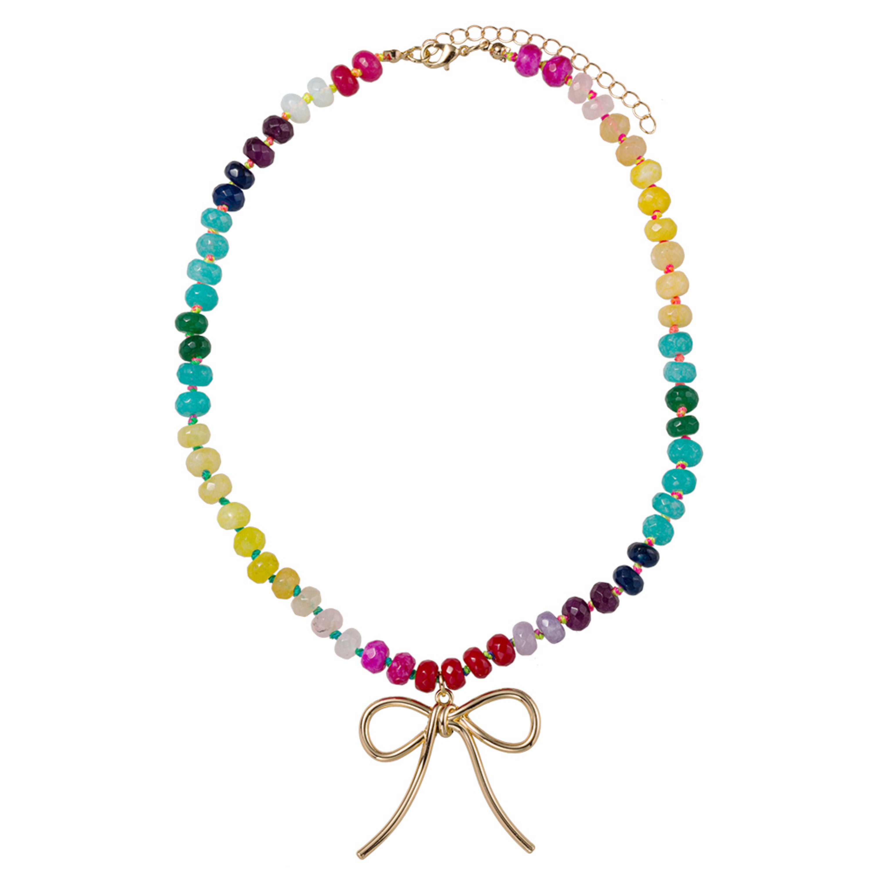 Multi Handknotted Beaded Necklace with Gold Bow