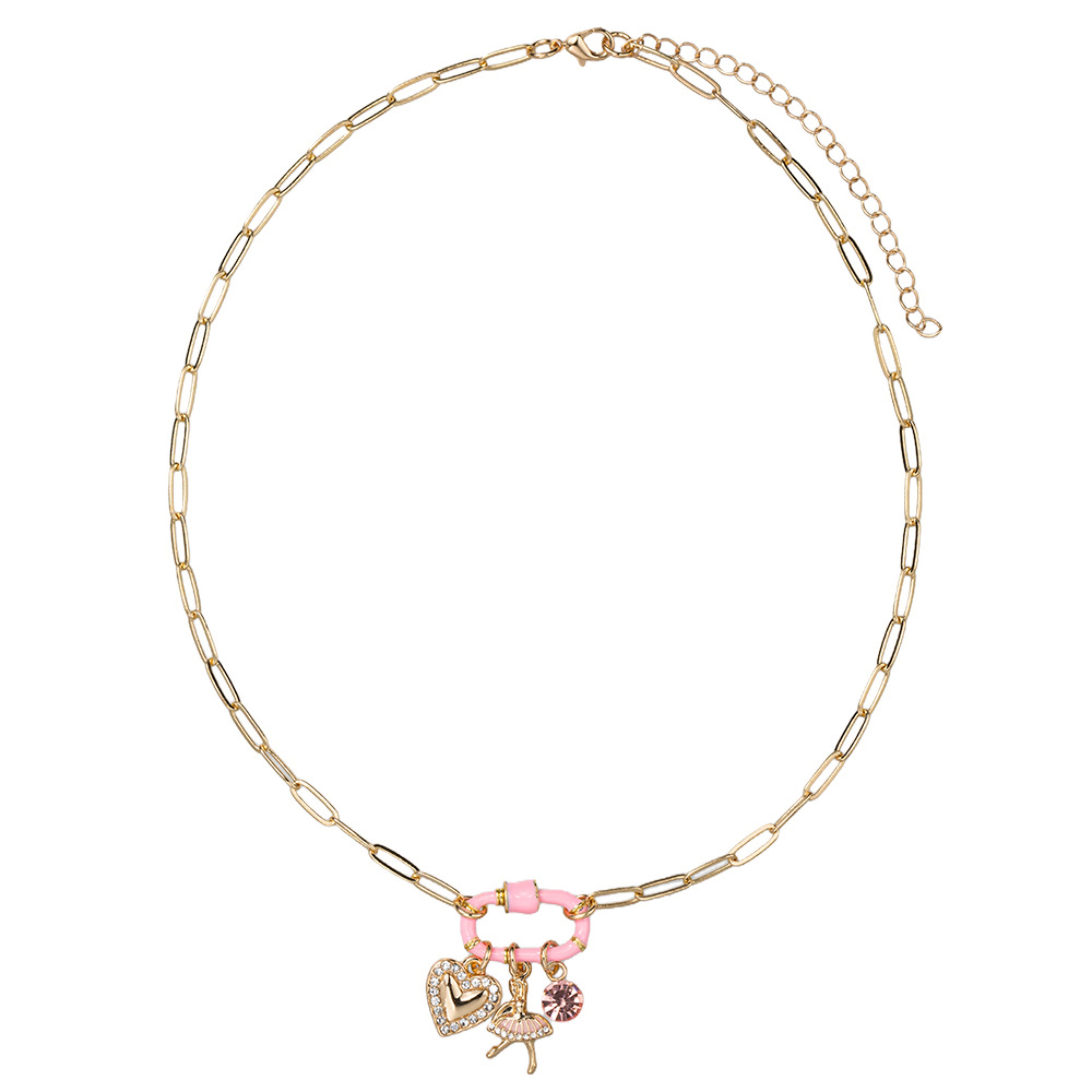 Kids Gold Paperclip Chain Necklace Pink Carabiner with Ballerina, Heart, Crystal