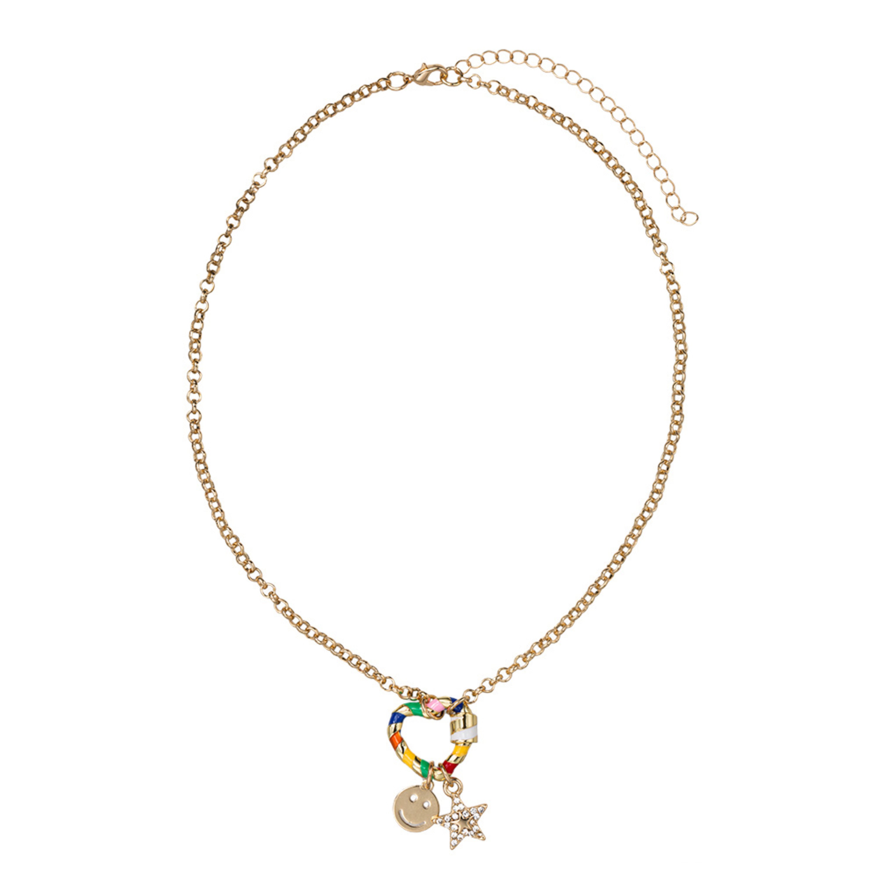 Kids Gold O Cross Chain Necklace Multi Heart Carabiner with Happy Face, Star