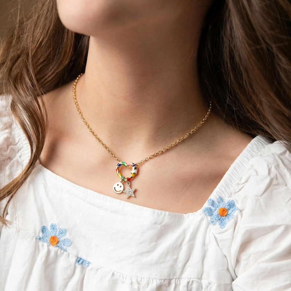 Kids Gold O Cross Chain Necklace Multi Heart Carabiner with Happy Face, Star
