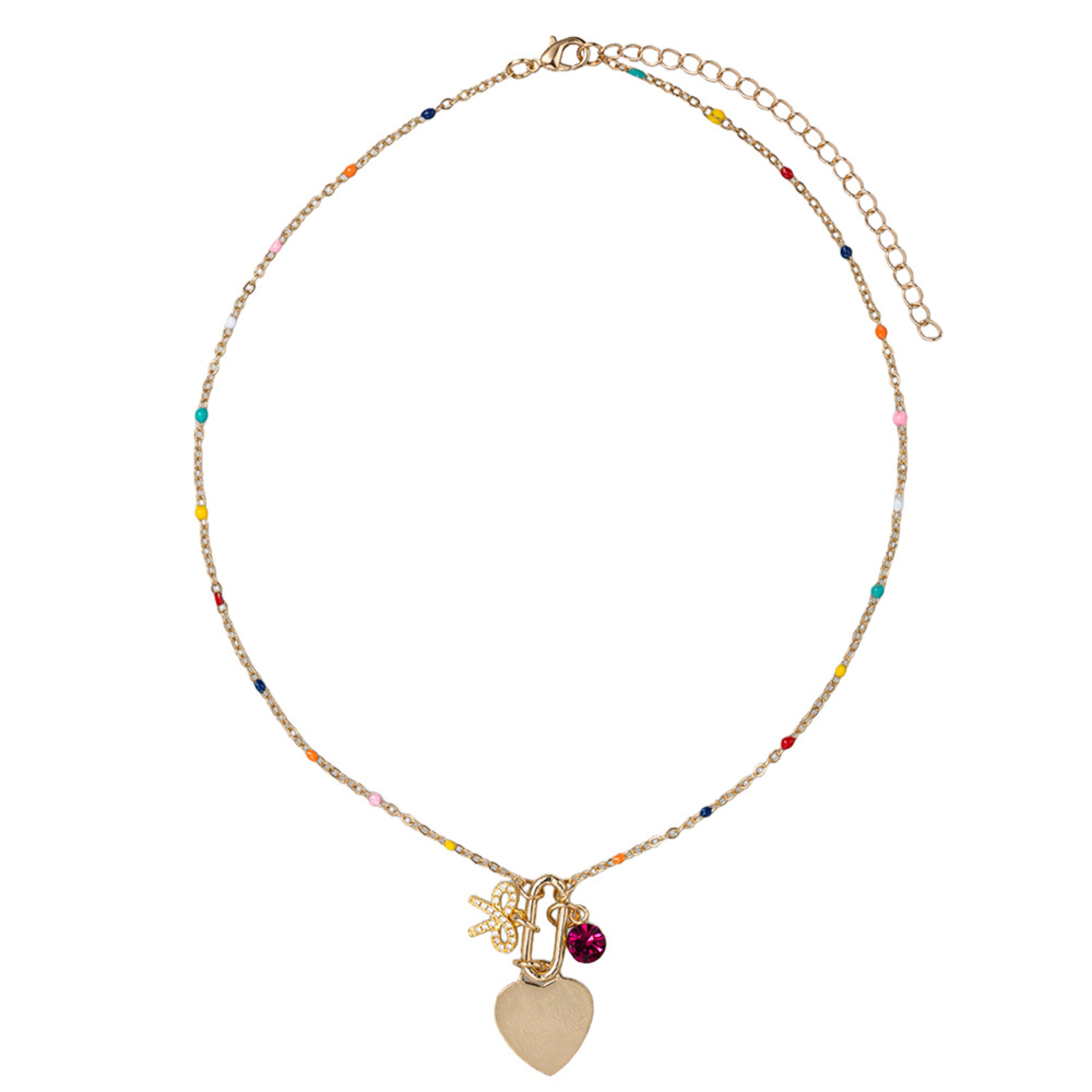 Kids Multi, Gold Enamel Chain Necklace with Bow, Pink Crystal, Gold Heart