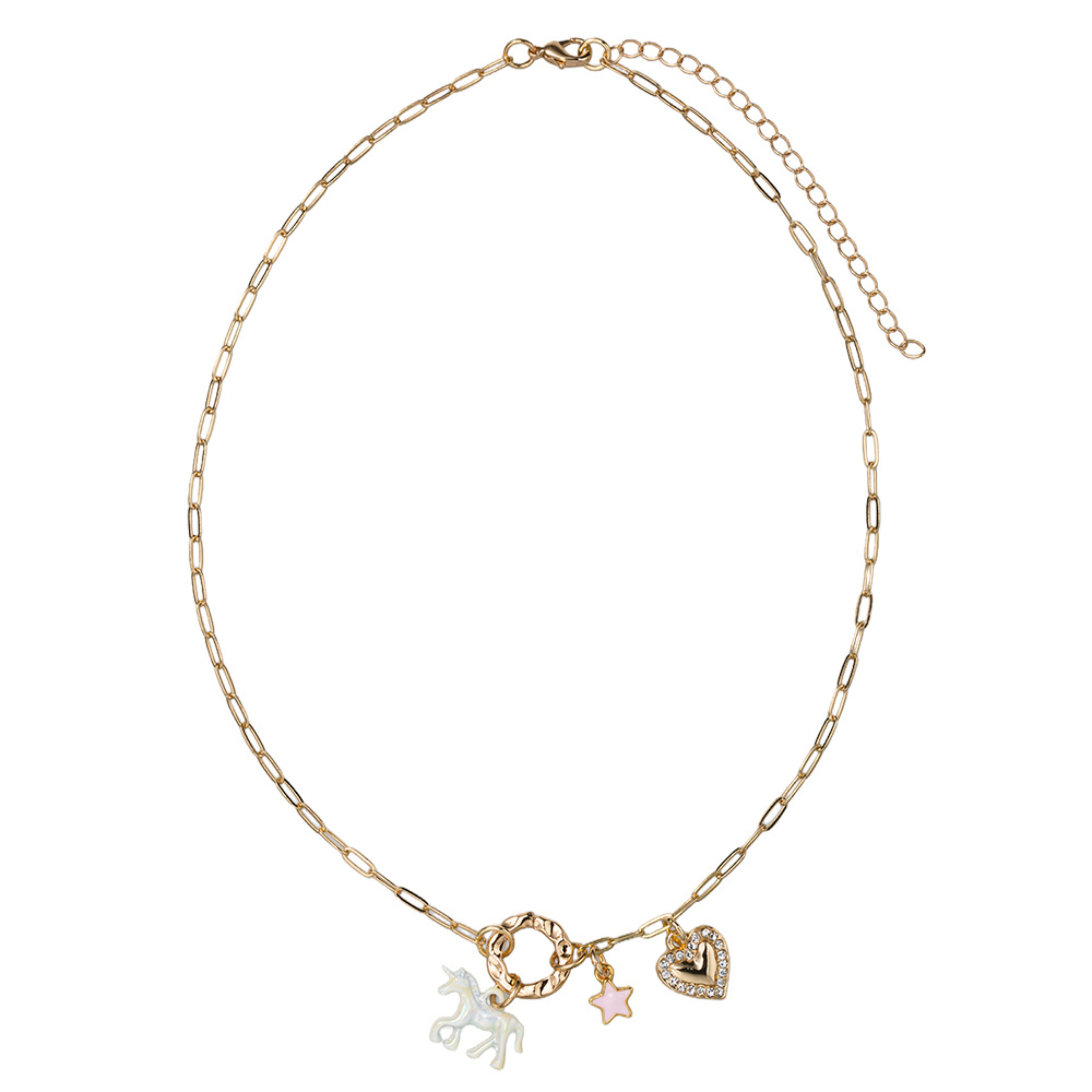 Kids Gold Paperclip Chain Necklace with Unicorn, Heart, Pink Star