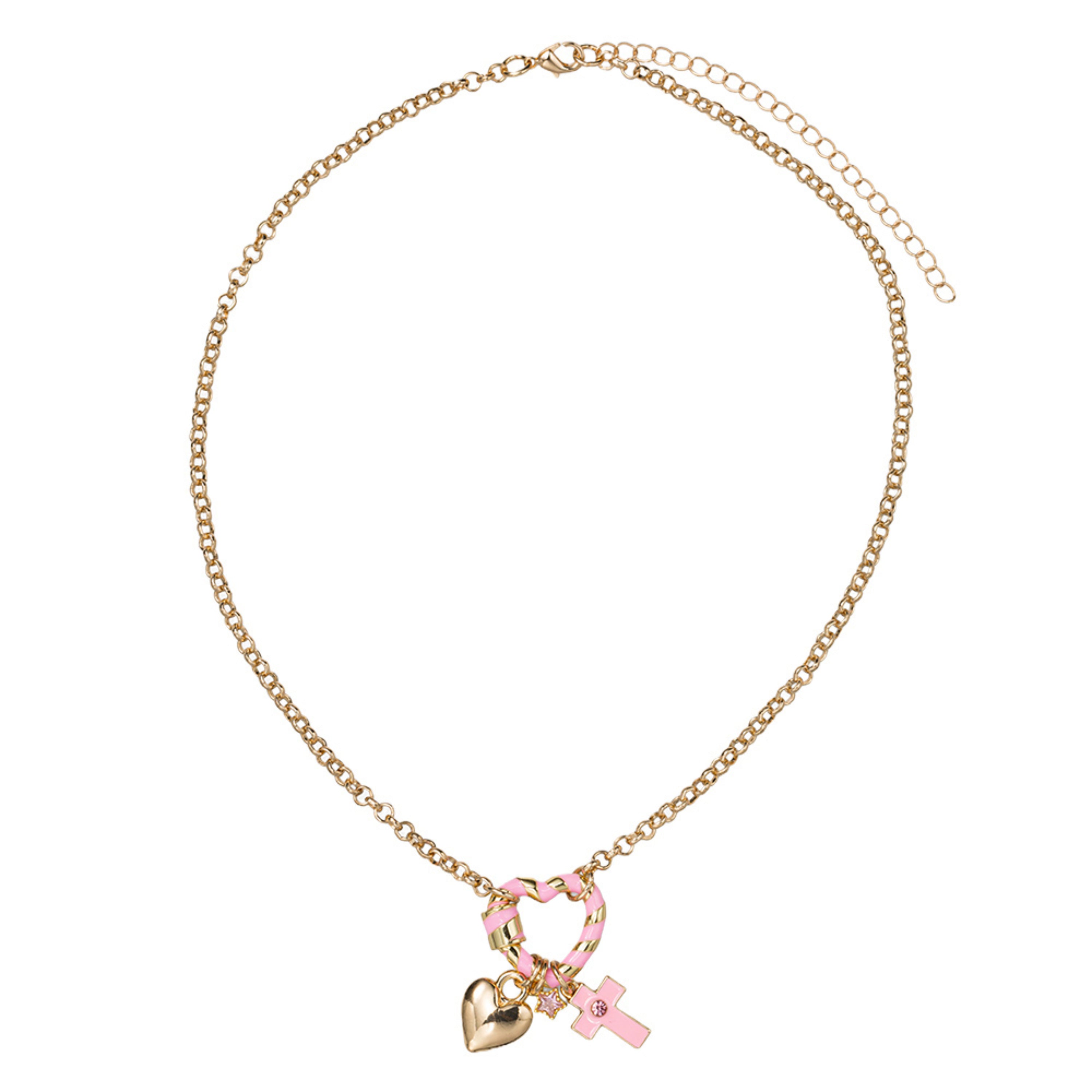 Kids Gold O Cross Chain Necklace Pink Heart Carabiner with Pink Cross, Gold Heart