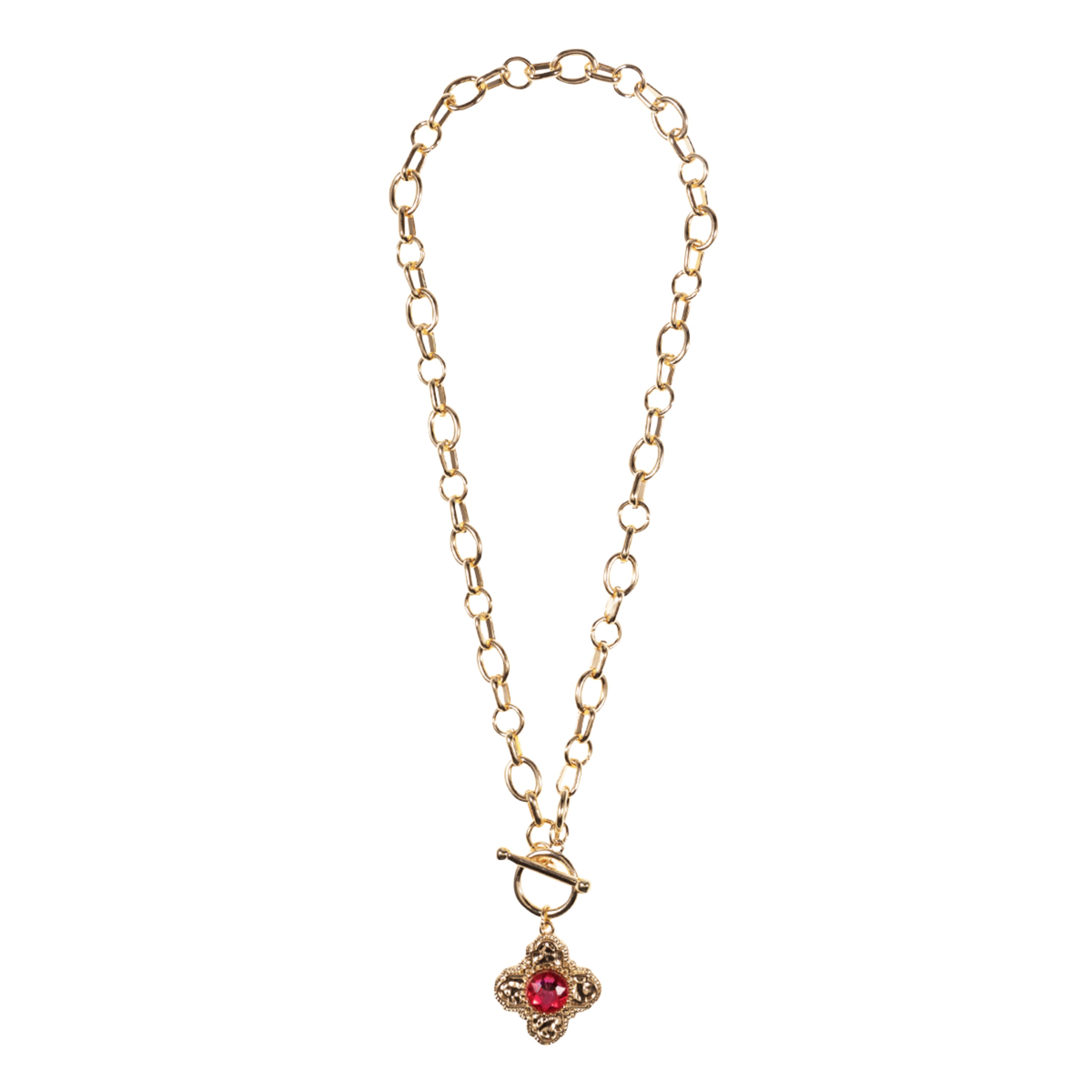 Gold Mixed Cable Chain Necklace with Gold Rounded Cross with Pink Crystal