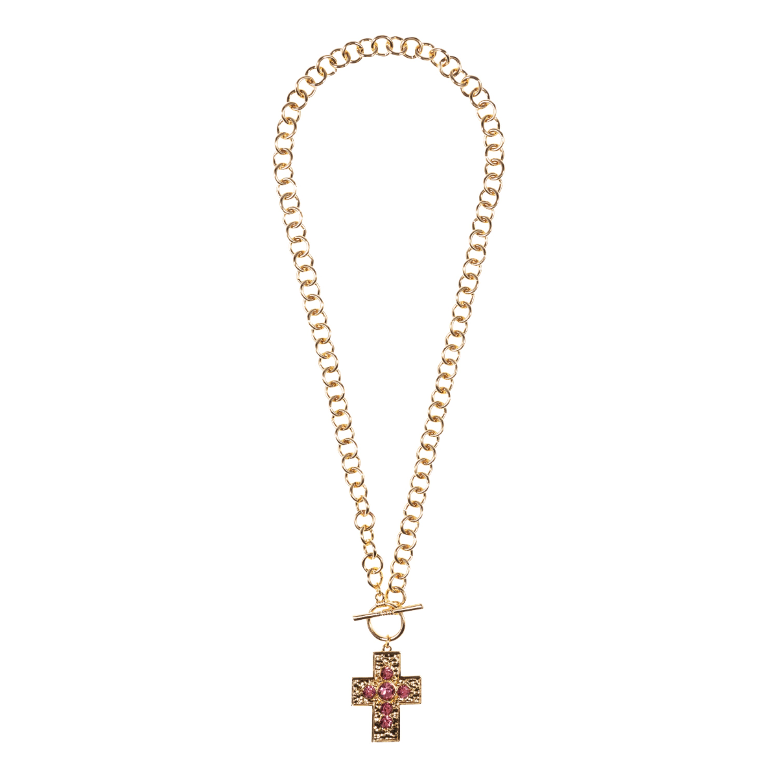 Gold Round Cable Chain Necklace with Gold Cross with Pink Crystal