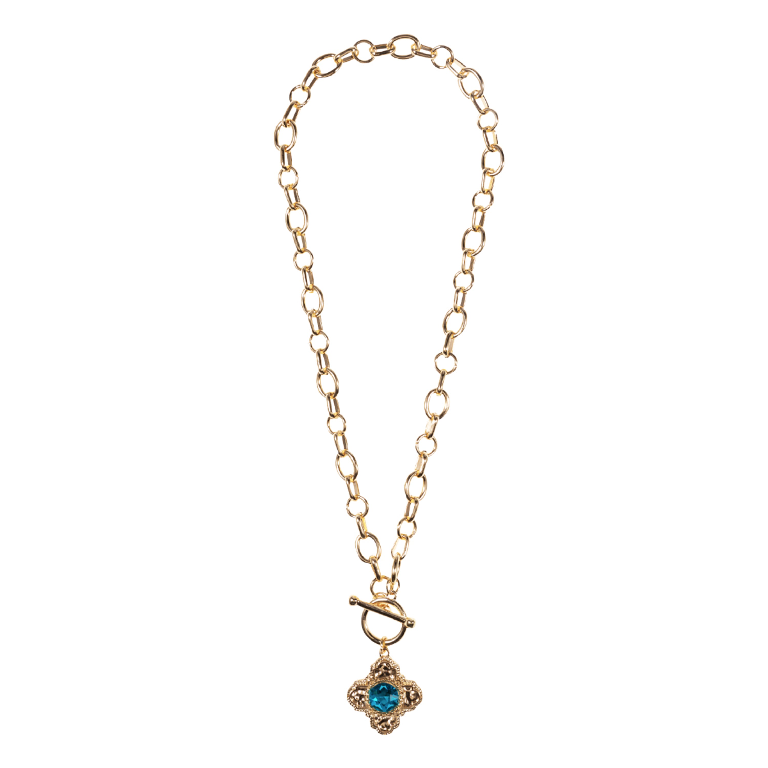 Gold Mixed Cable Chain Necklace with Gold Rounded Cross with Blue Crystal