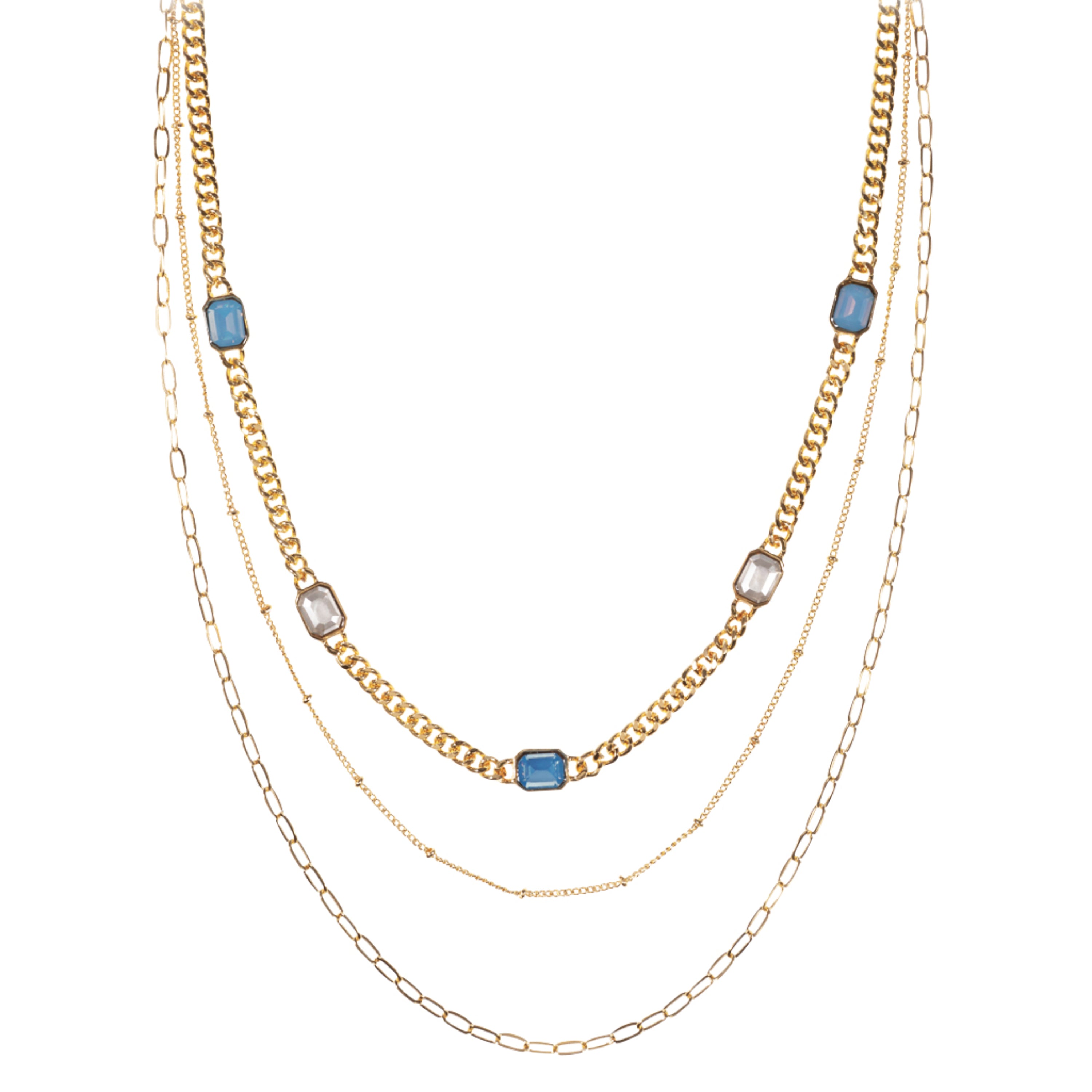 3 Layer Paper Clip, Curb, Dot Dot Chain Necklace with Blue Moonstone, Silver Crystal Stations