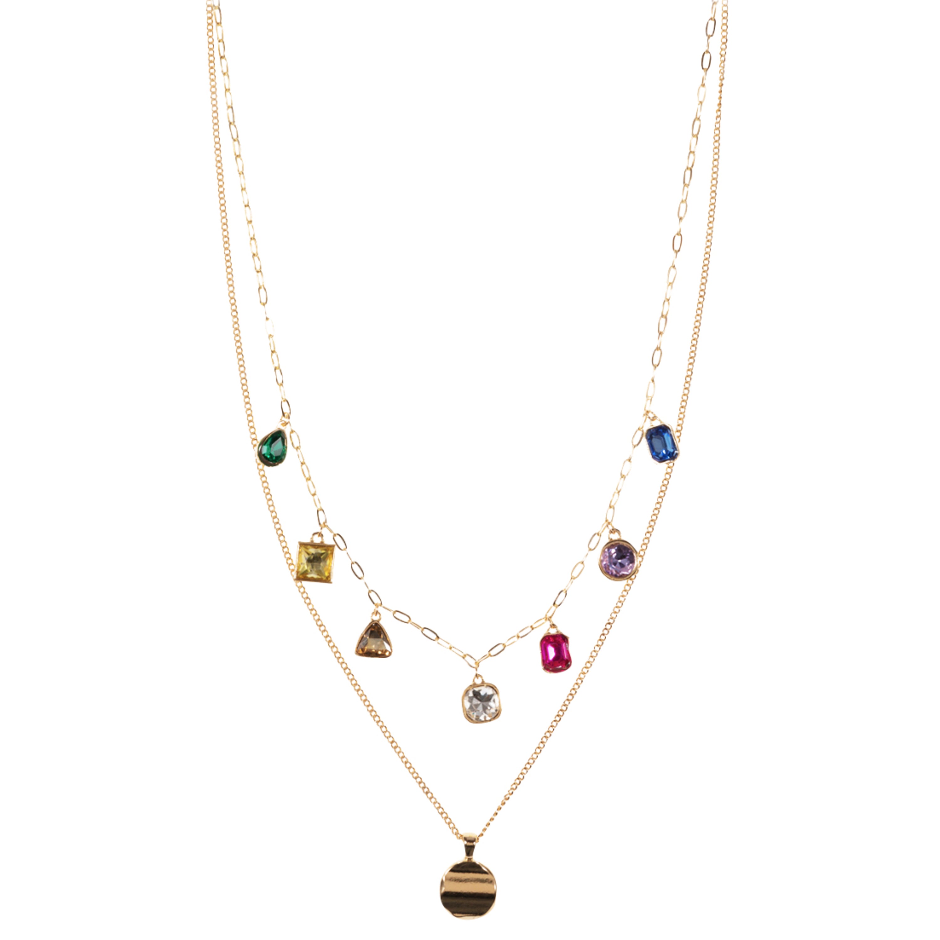 2 Layer Curb, Paper Clip Chain Necklace with Green, Champagne, Pink, Blue Crystals & Wavy Pendant