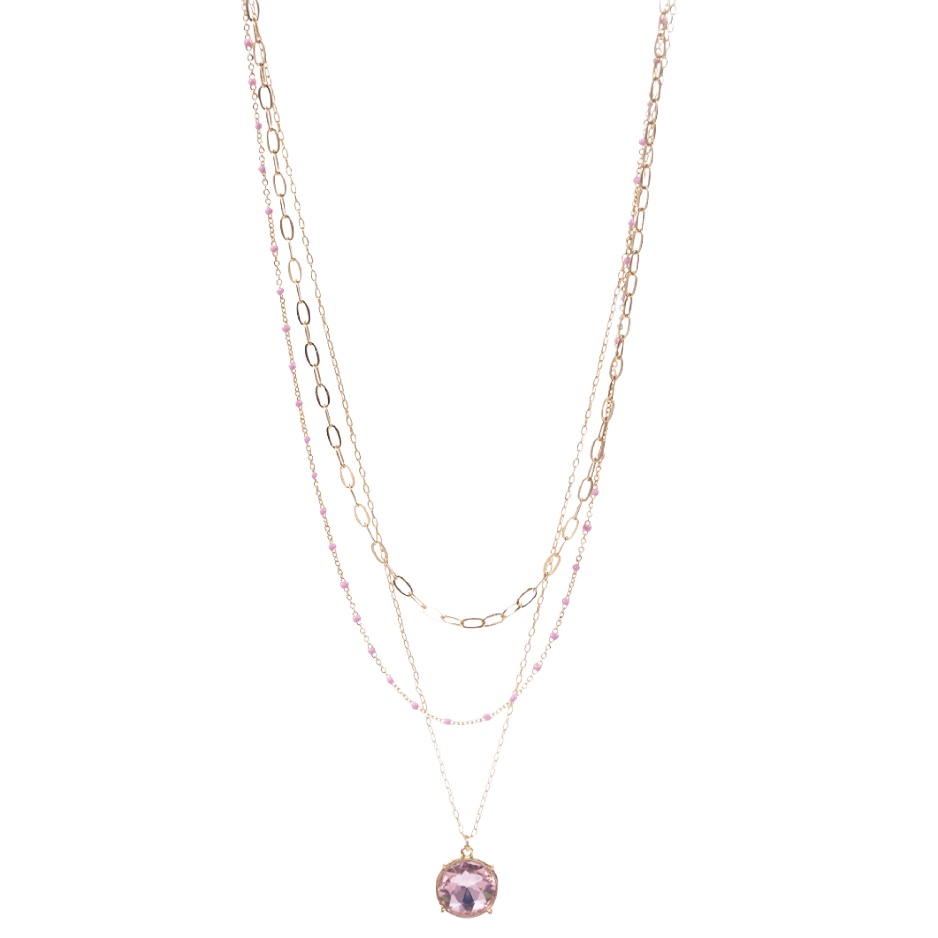 3 Layer Paper Clip, Enamel Dot Chain Necklace with Pink Circle Crystal