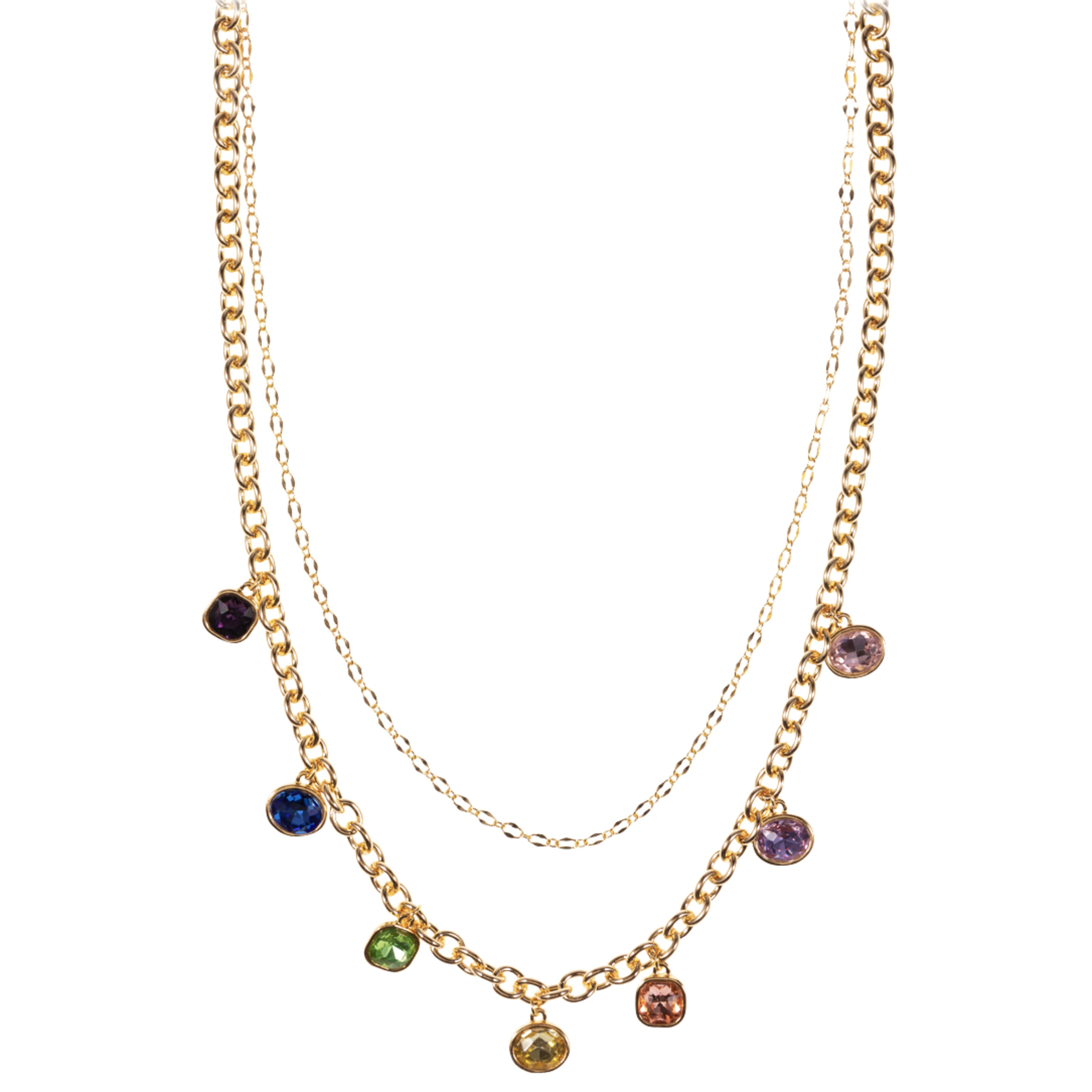 2 Layer Round Cable Chain Necklace with Purple, Blue, Green, Pink, Yellow Crystal Charms