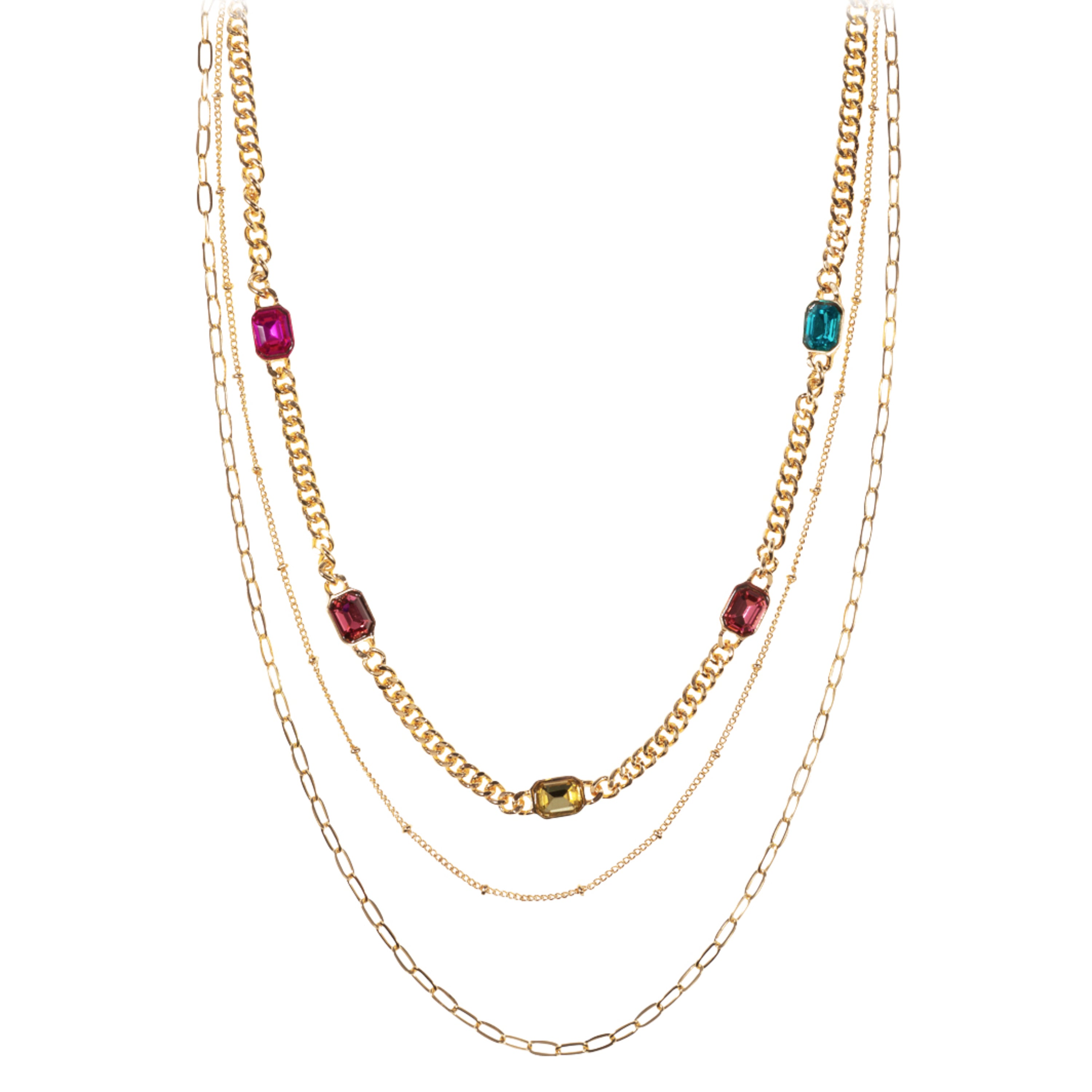 3 Layer Paper Clip, Curb, Dot Dot Chain Necklace with Hot Pink, Blue, Yellow Crystal Stations