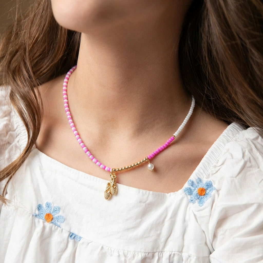 Kids Hot Pink, Pearl, Gold Seed Bead Beaded Necklace with Gold Ballet Slipper