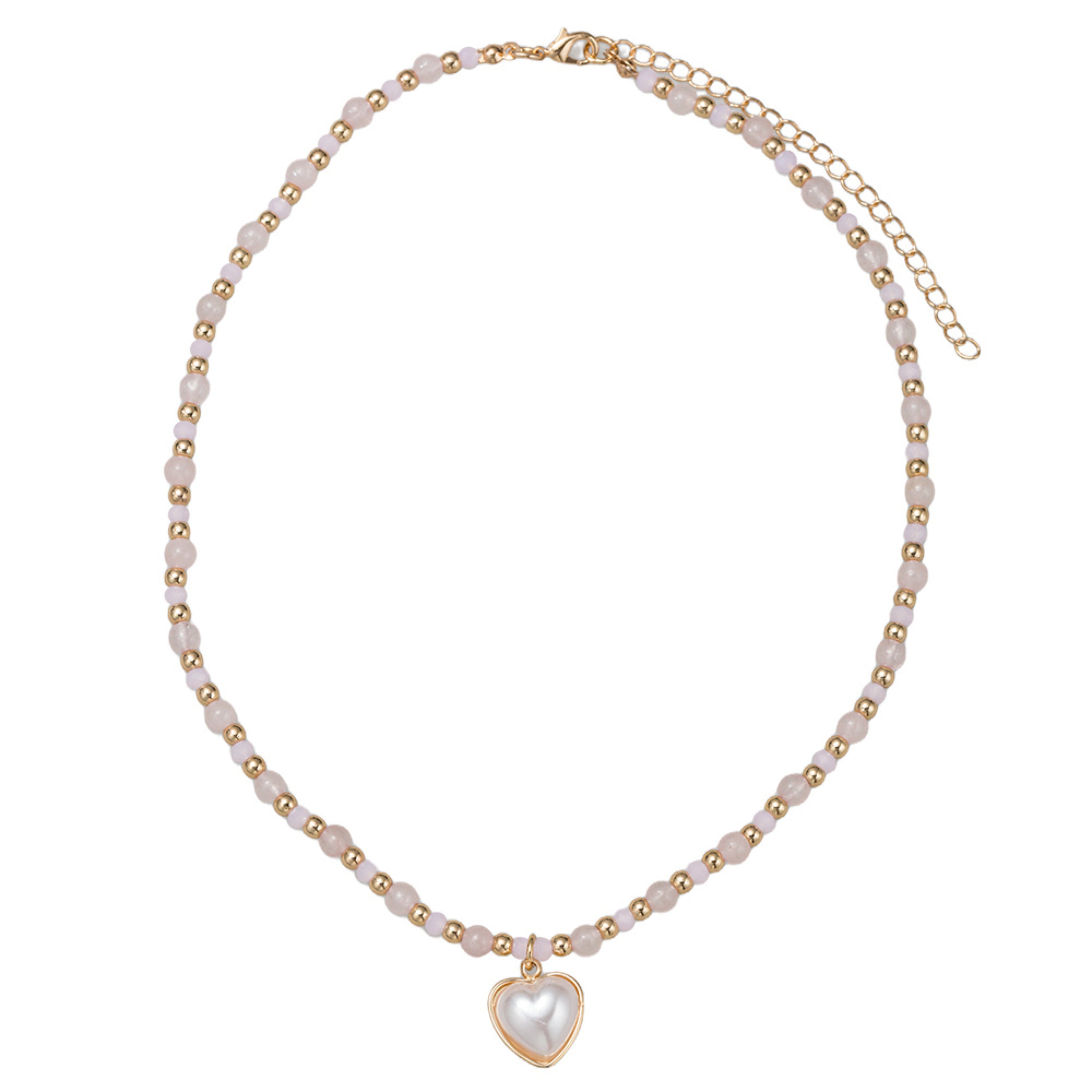 Kids Light Pink, Gold Stone Beaded Necklace with Pearl Heart