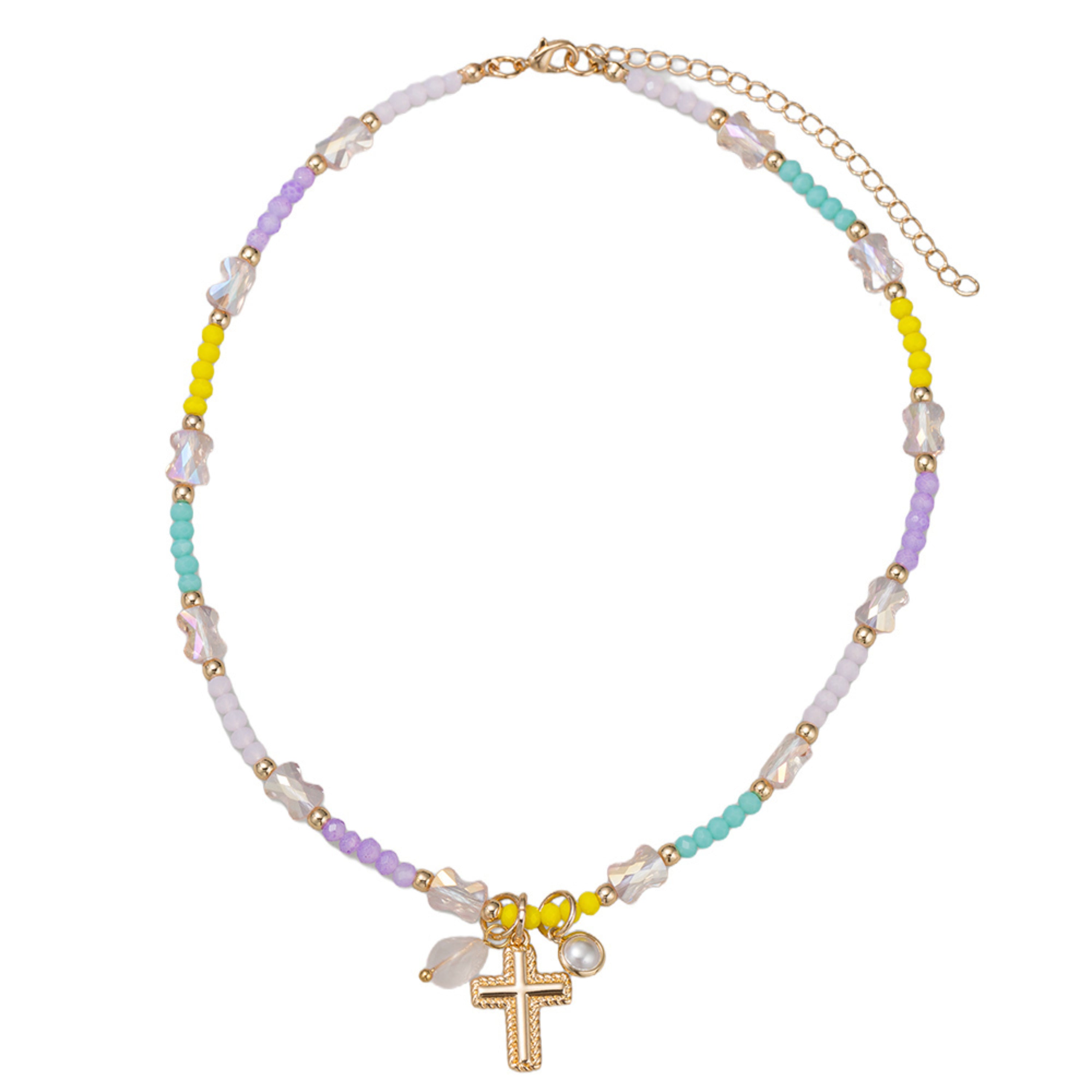 Kids Purple, Yellow, Mint, AB Faceted Beaded Necklace with Gold Cross & Charm Accents