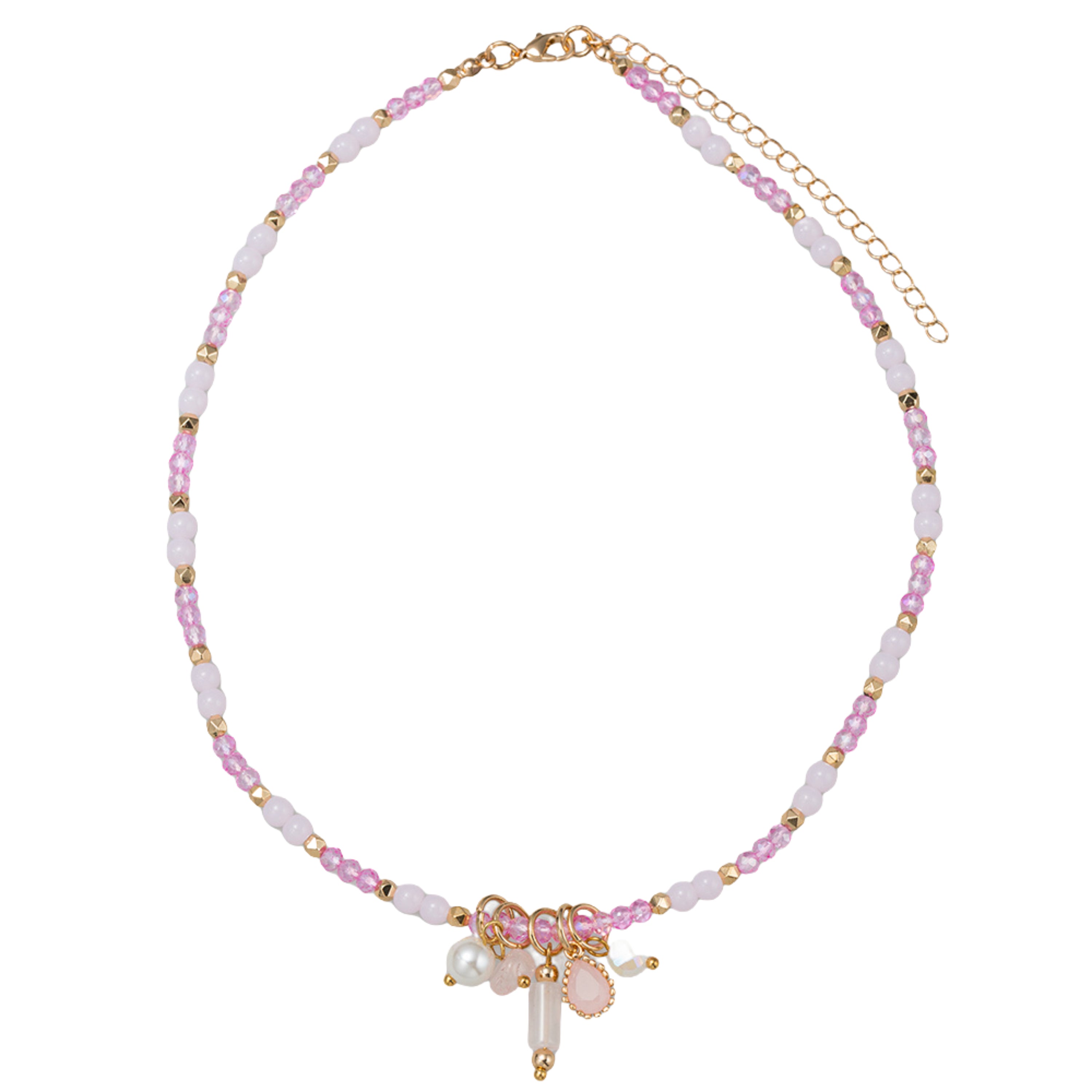 Kids Pink, Hot Pink, Gold Faceted, Stone Beaded Necklace with Pink, Pearl Charm Accents