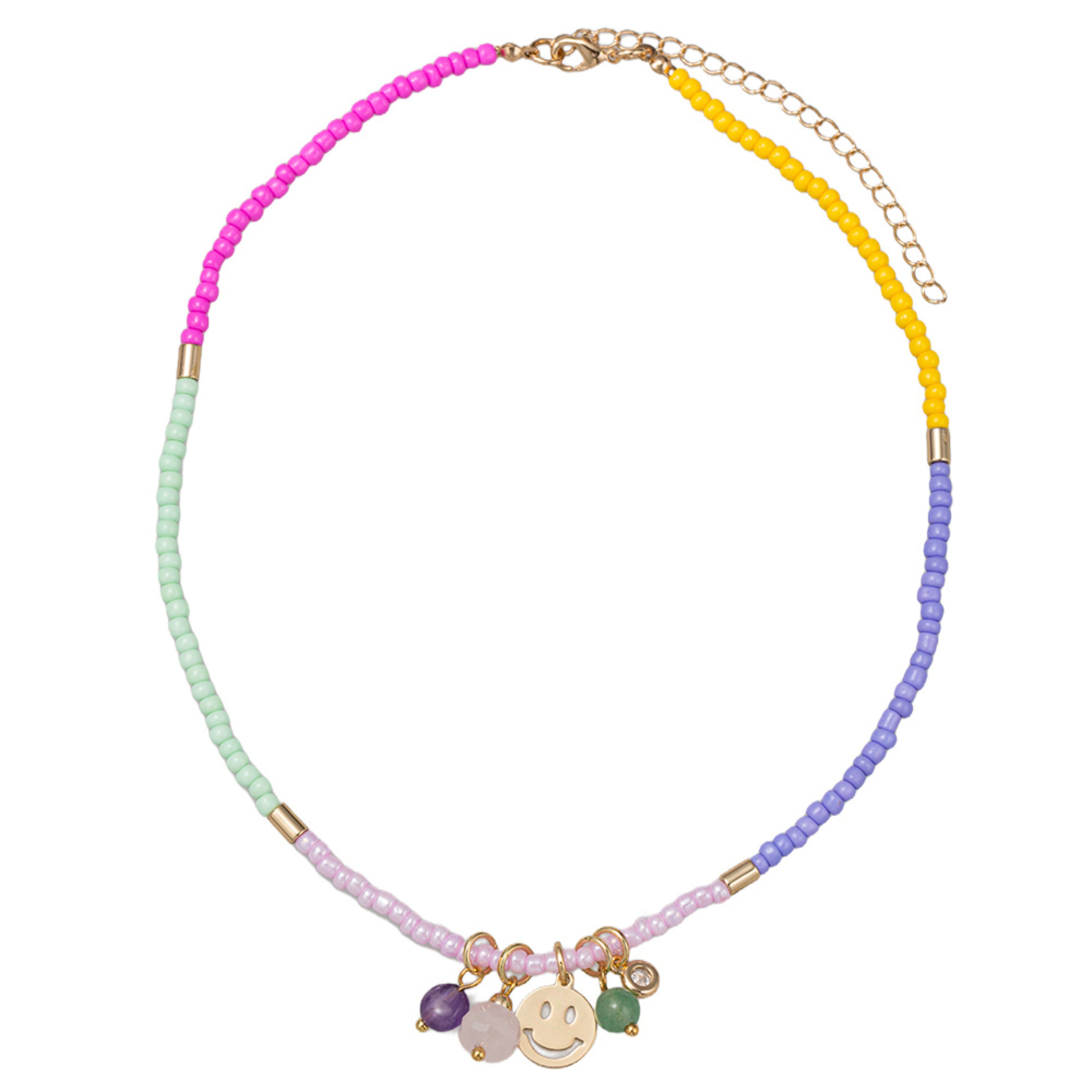 Kids Hot Pink, Seagreen, Pink, Purple, Yellow Beaded Necklace with Charm Accents with Smiley Face