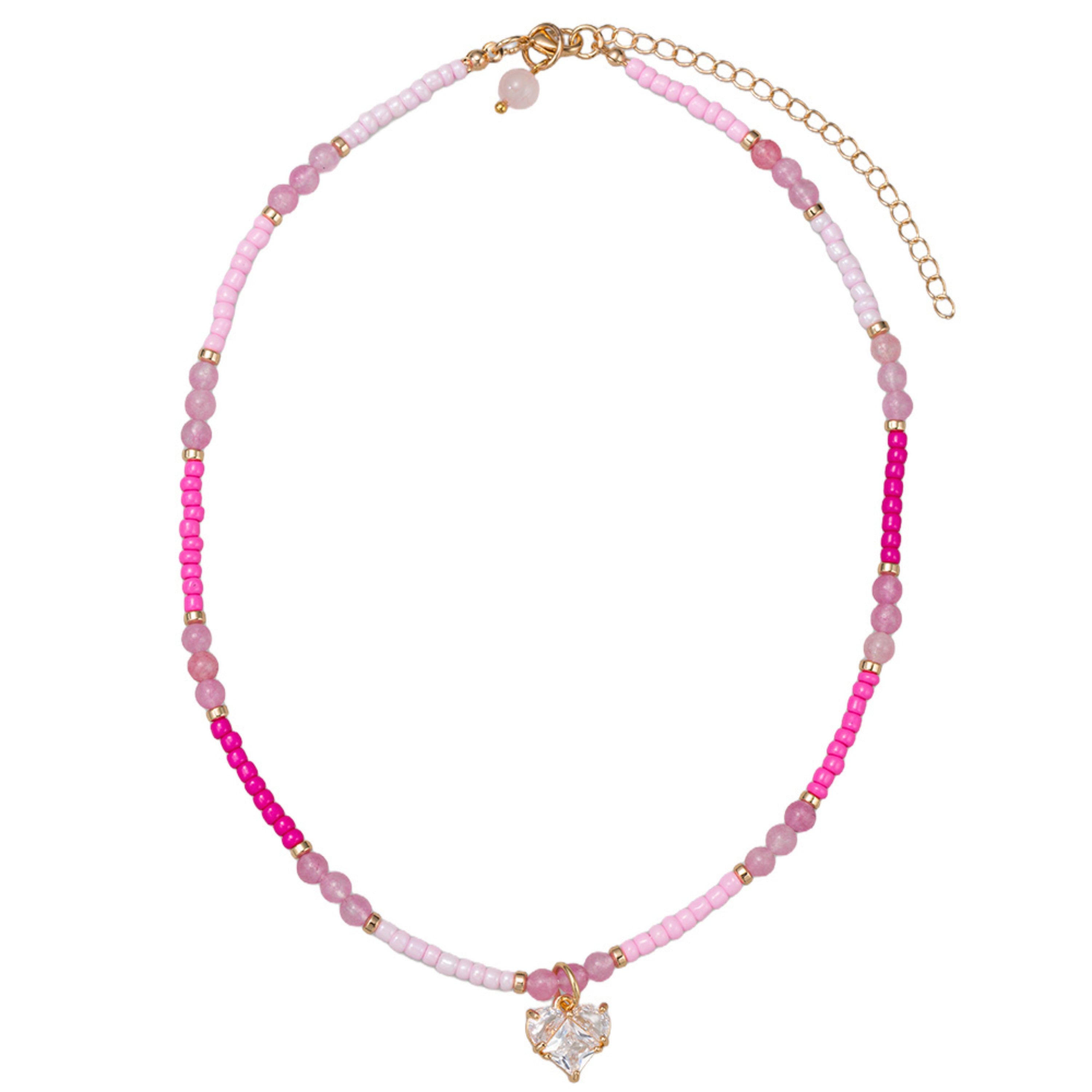 Kids Hot Pink, Pink, Dark Pink Sead Bead, Stone Beaded Necklace with Clear Crystal Heart