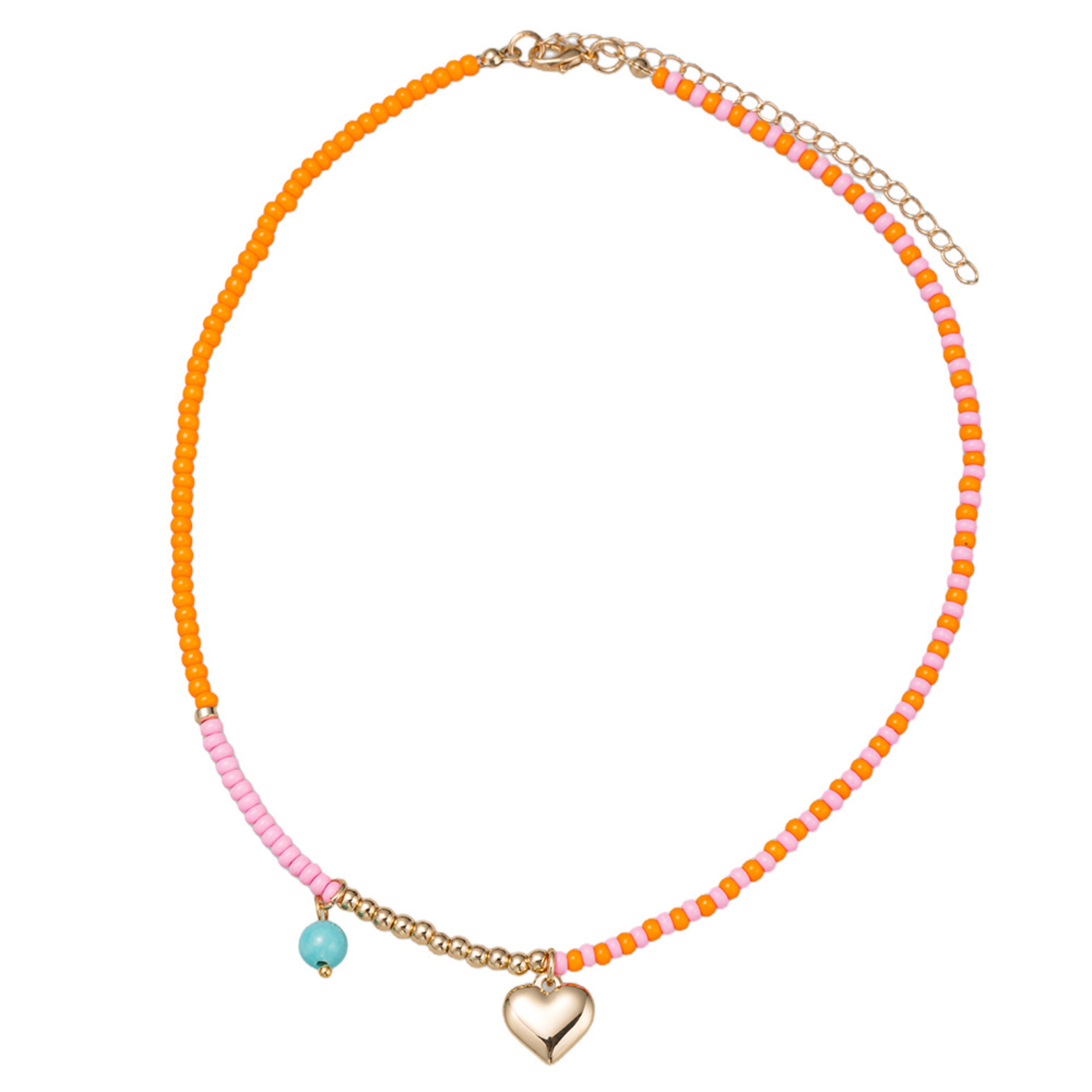 Kids Orange, Pink Sead Bead Beaded Necklace with Gold Heart & Tq Bead