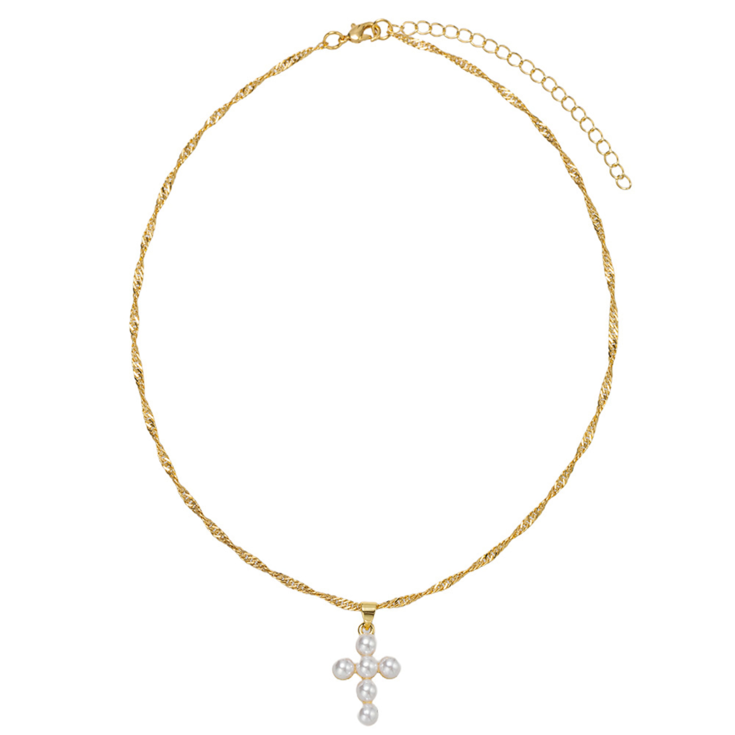 Kids 18K Gold Plated Waterweave Chain Necklace with Pearl Bubble Cross