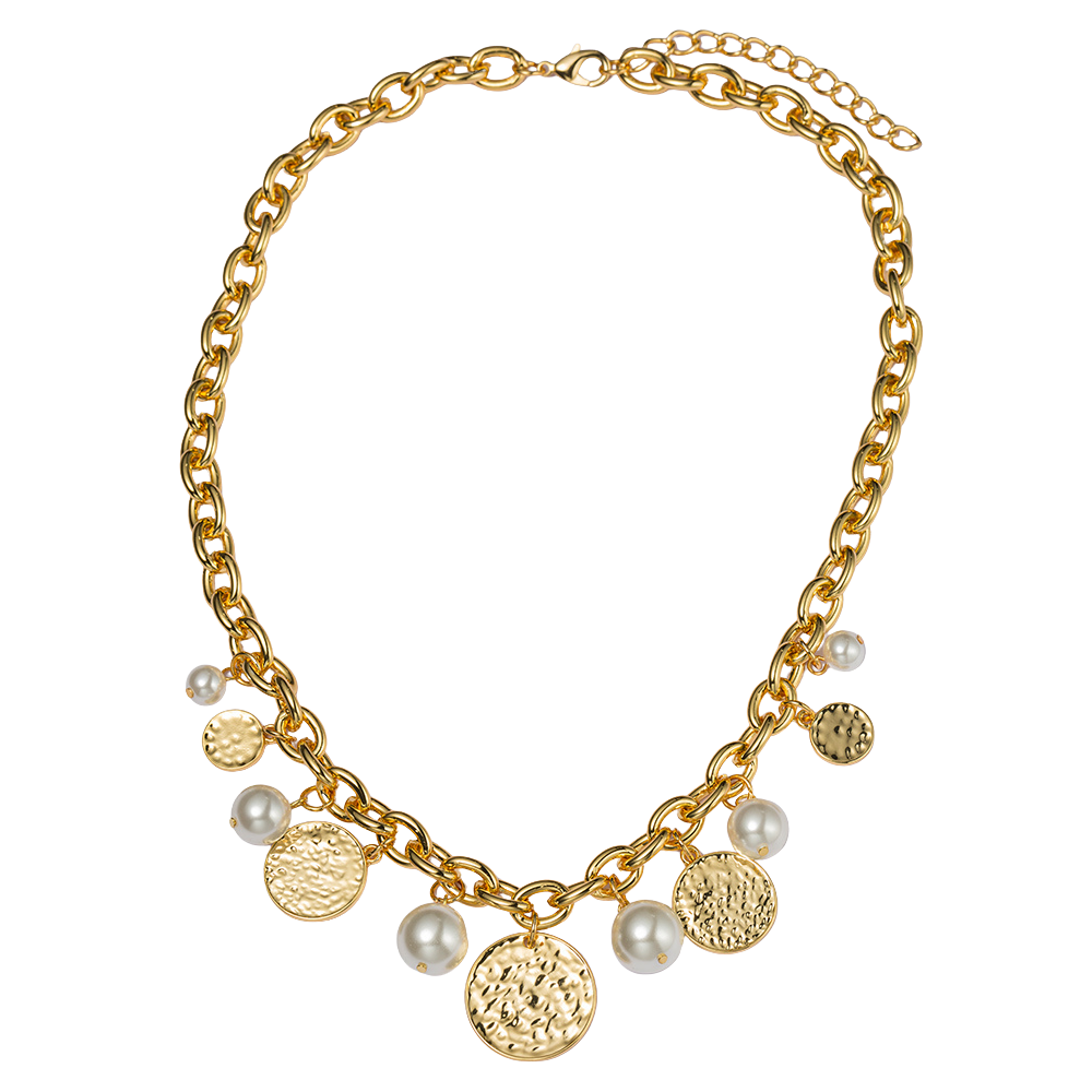 18k Gold Plated Thick "O" Chain Necklace with Pearl, Gold Disk Multi Size Charms