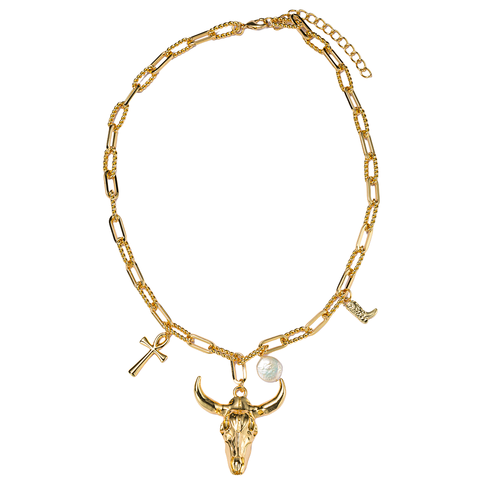 18k Gold Plated Paper Link Twisted Chain Necklace Pearl Charm with Gold Steer Skull
