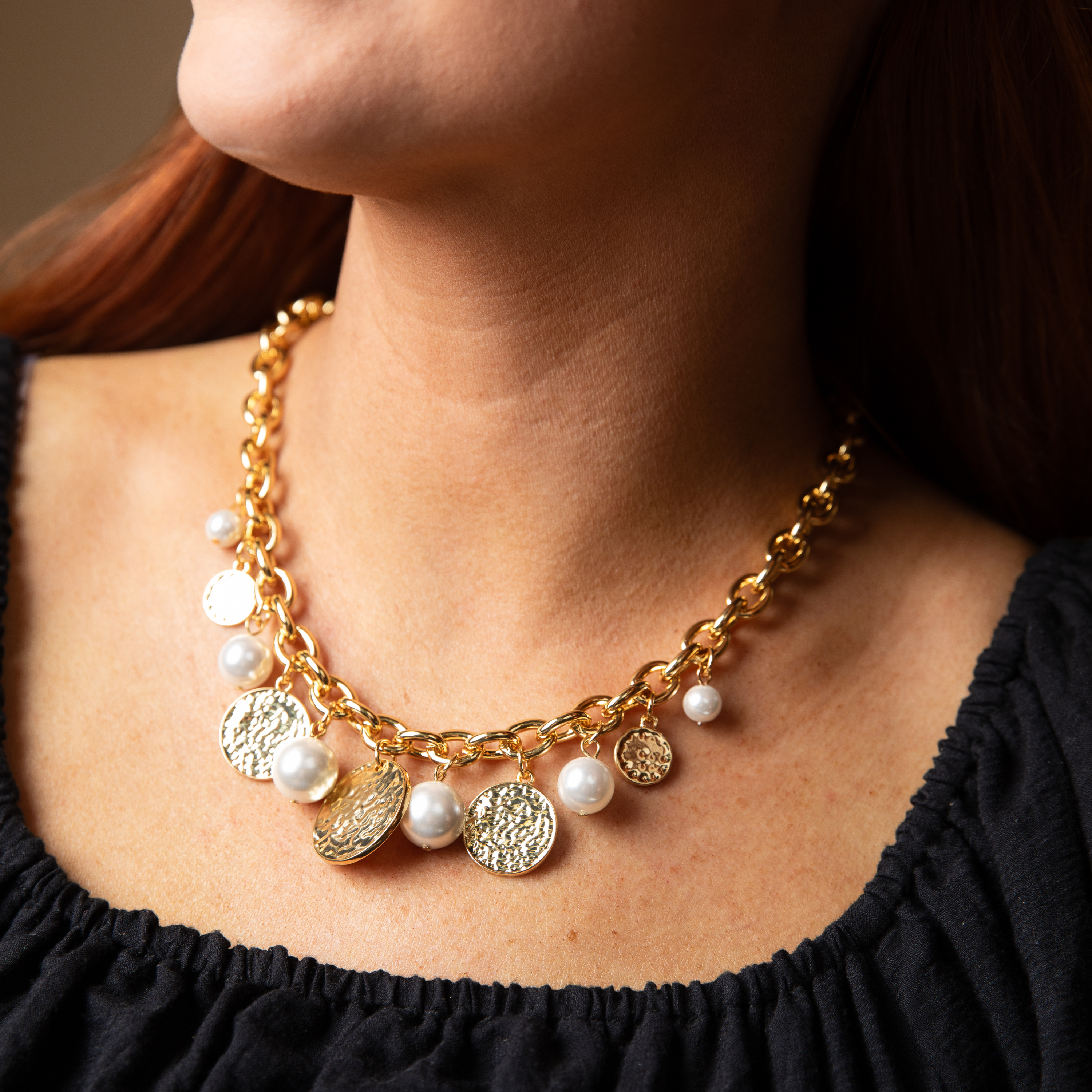 18k Gold Plated Thick "O" Chain Necklace with Pearl, Gold Disk Multi Size Charms