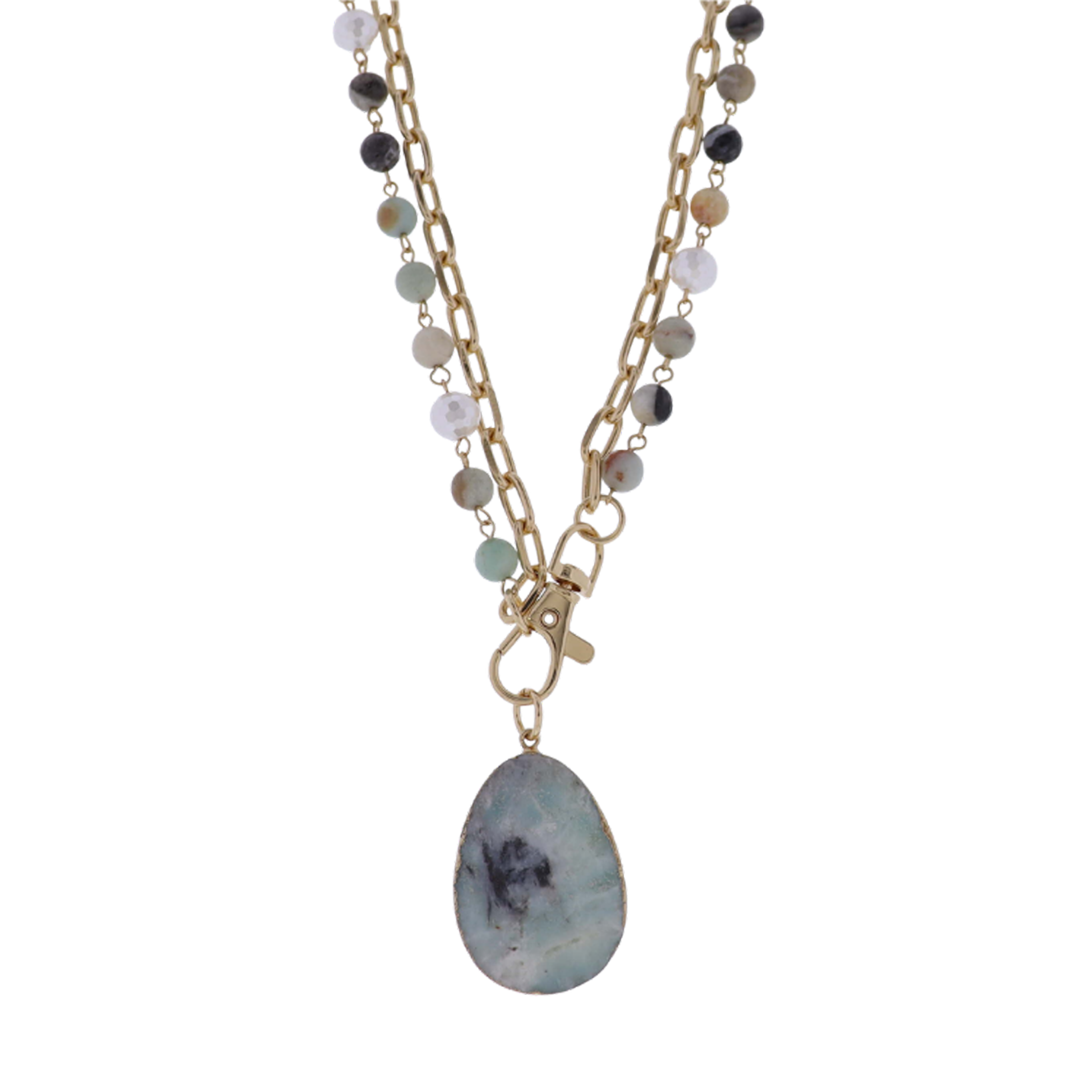 2 Strand Paperclip Chain & Semi Precious Beaded Necklace with Amazonite Pendant
