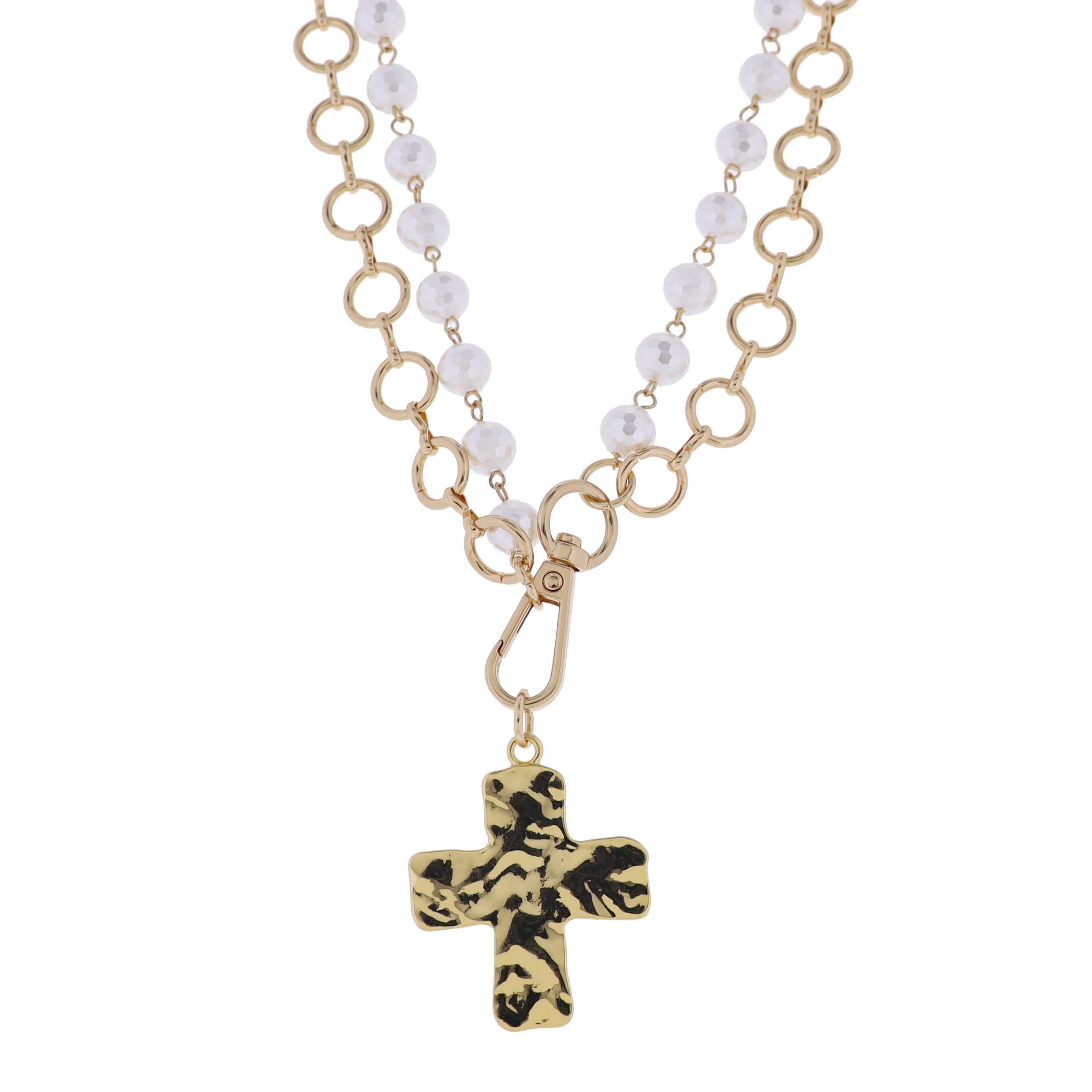 2 Strand Gold Chain & White Faceted Beaded Necklace with Gold Cross