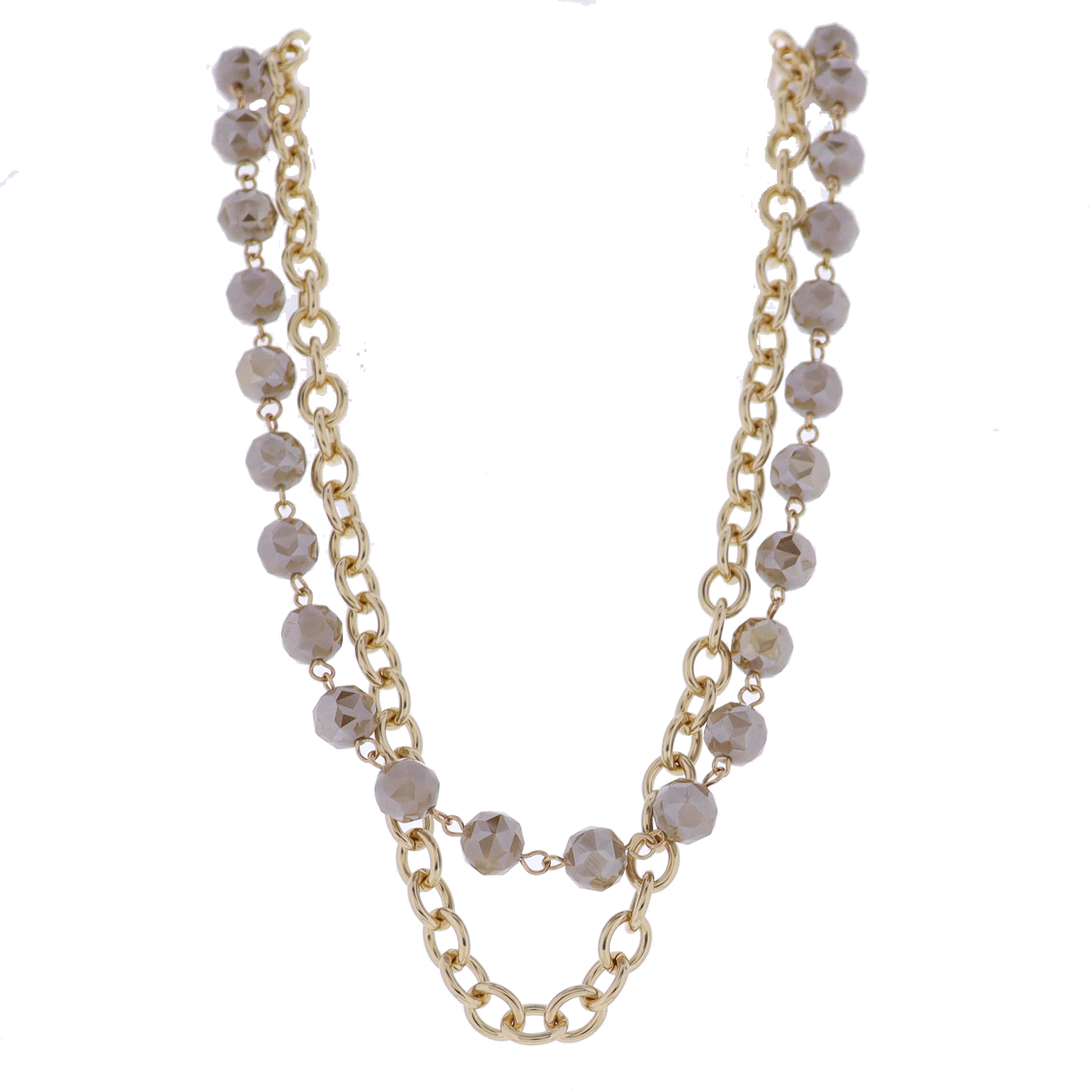 2 Strand Gold Chain Cross "O" & Greige Beaded Necklace