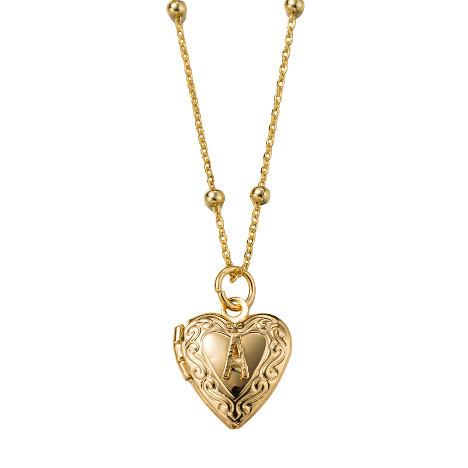 Kids 18k Gold Plated Ball Station Chain Necklace with Initial A Gold Heart Locket