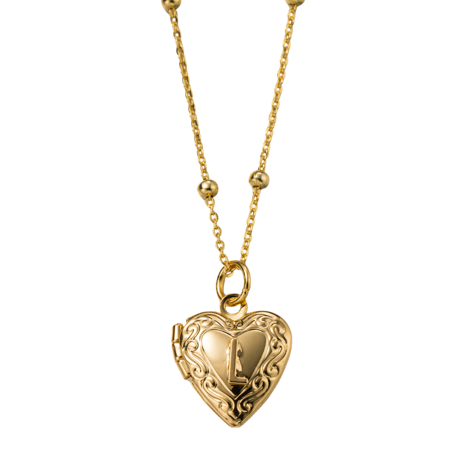 Kids 18k Gold Plated Ball Station Chain Necklace with Initial L Gold Heart Locket