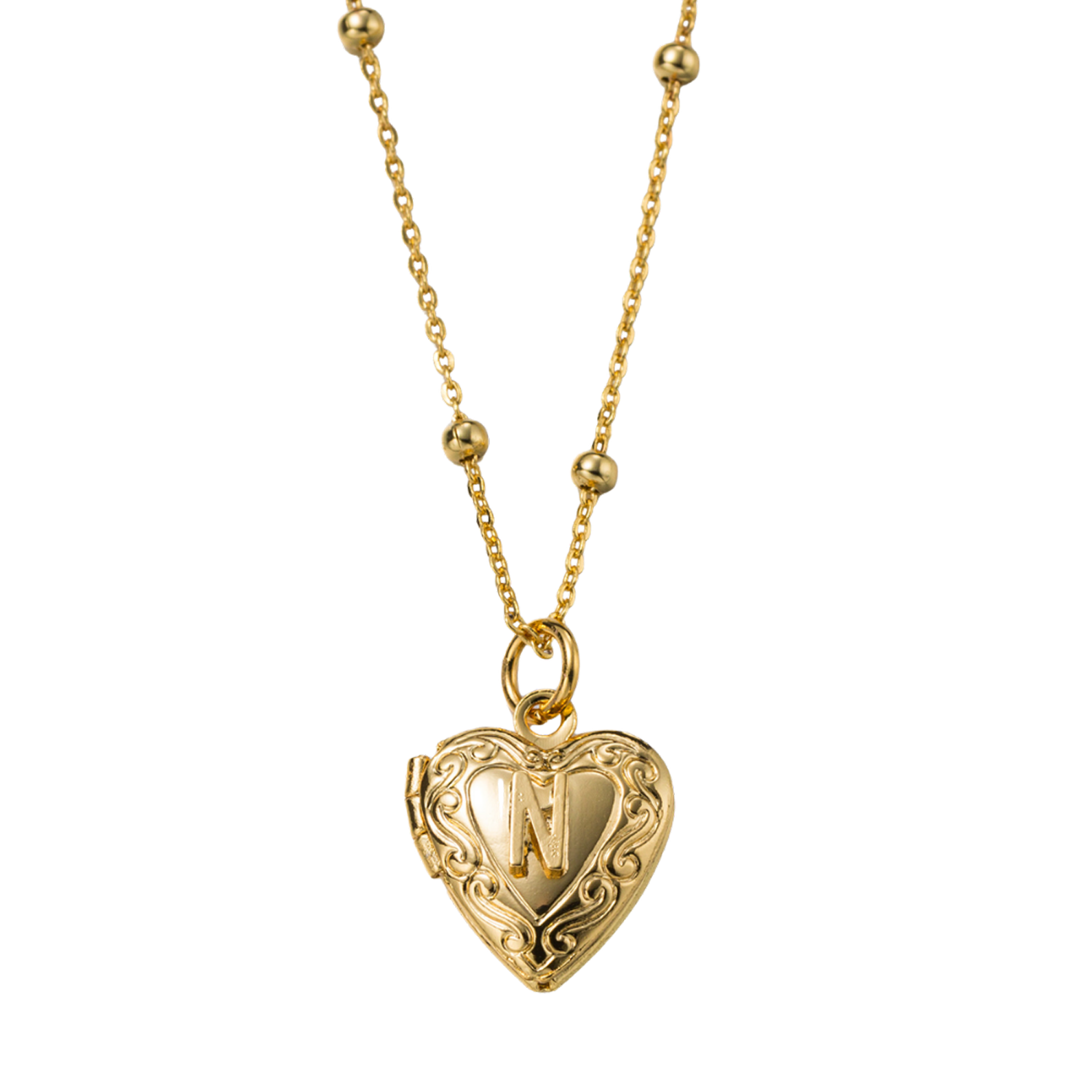 Kids 18k Gold Plated Ball Station Chain Necklace with Initial N Gold Heart Locket
