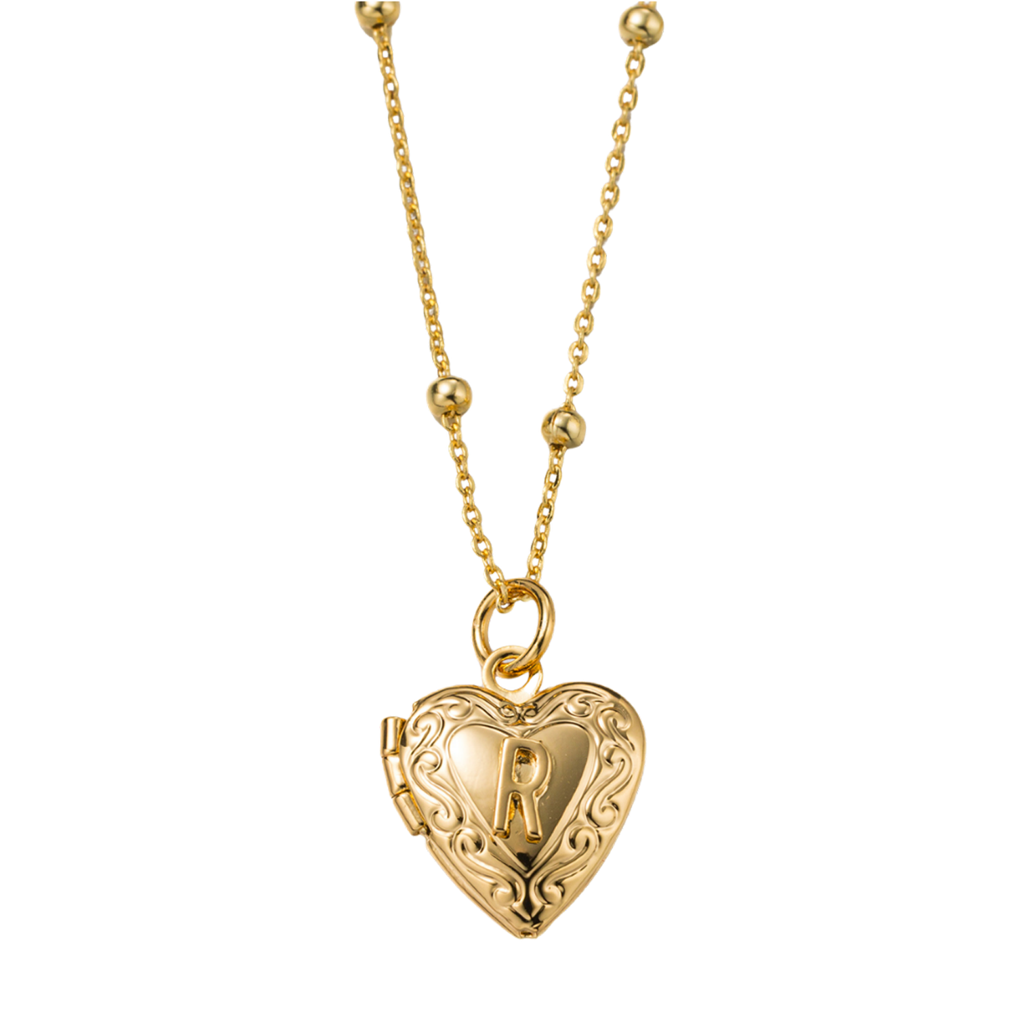 Kids 18k Gold Plated Ball Station Chain Necklace with Initial R Gold Heart Locket