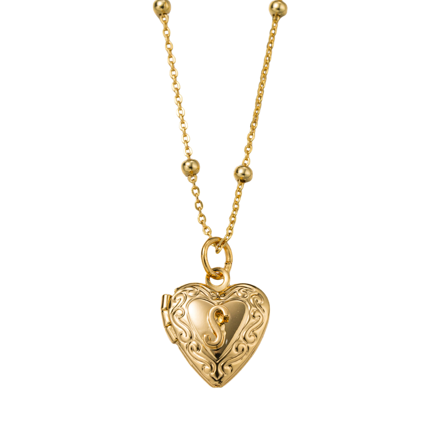 Kids 18k Gold Plated Ball Station Chain Necklace with Initial S Gold Heart Locket