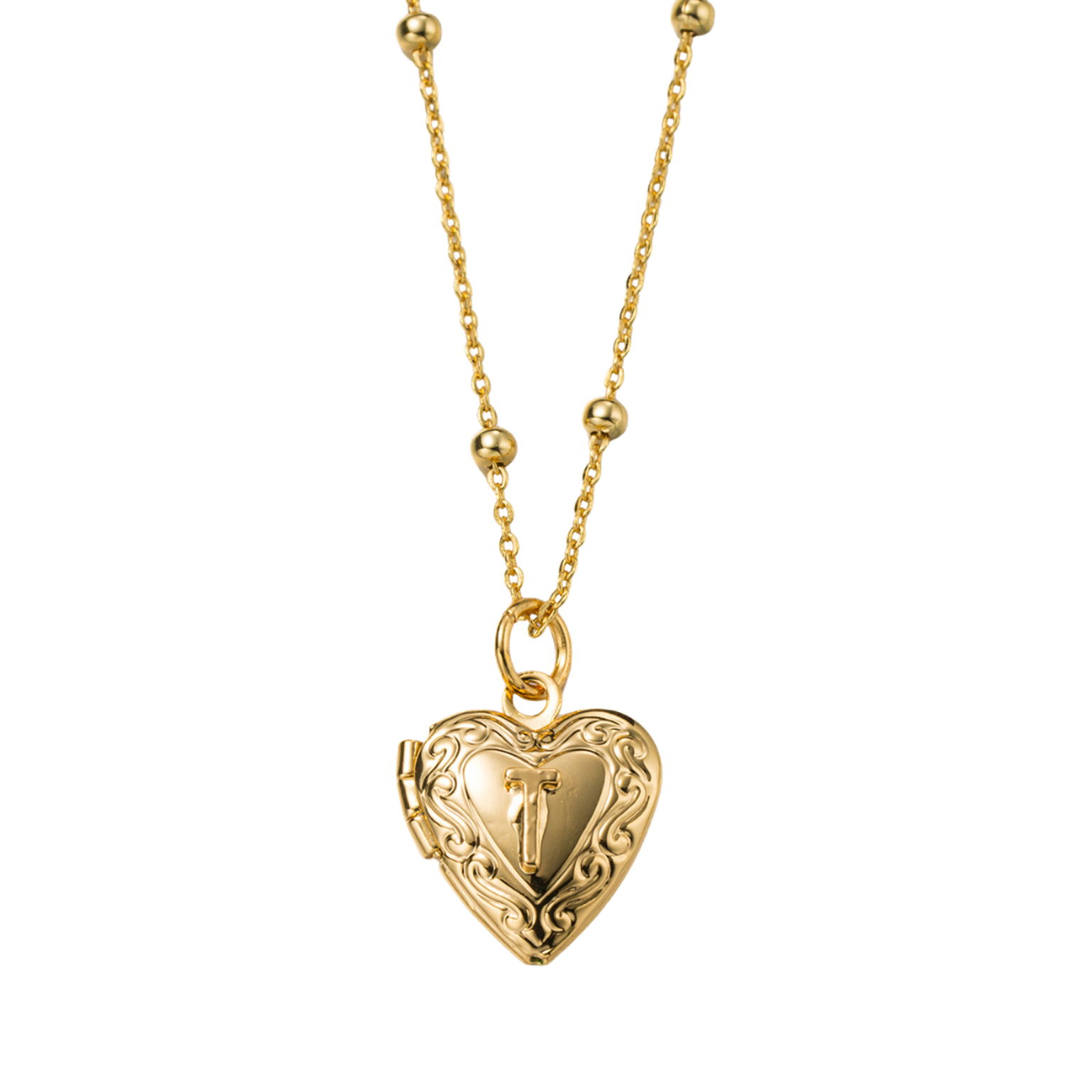 Kids 18k Gold Plated Ball Station Chain Necklace with Initial T Gold Heart Locket