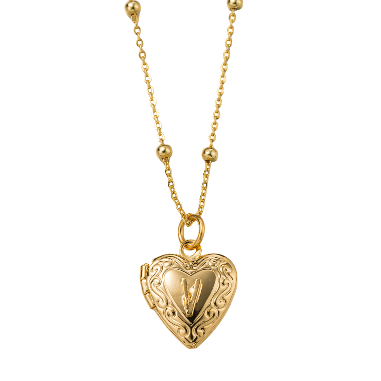 Kids 18k Gold Plated Ball Station Chain Necklace with Initial V Gold Heart Locket