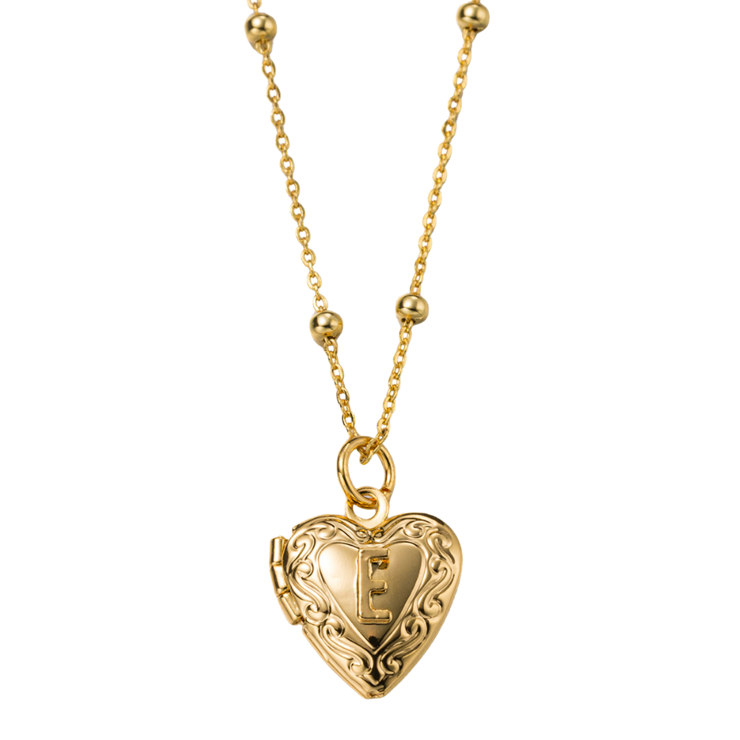 Kids 18k Gold Plated Ball Station Chain Necklace with Initial E Gold Heart Locket