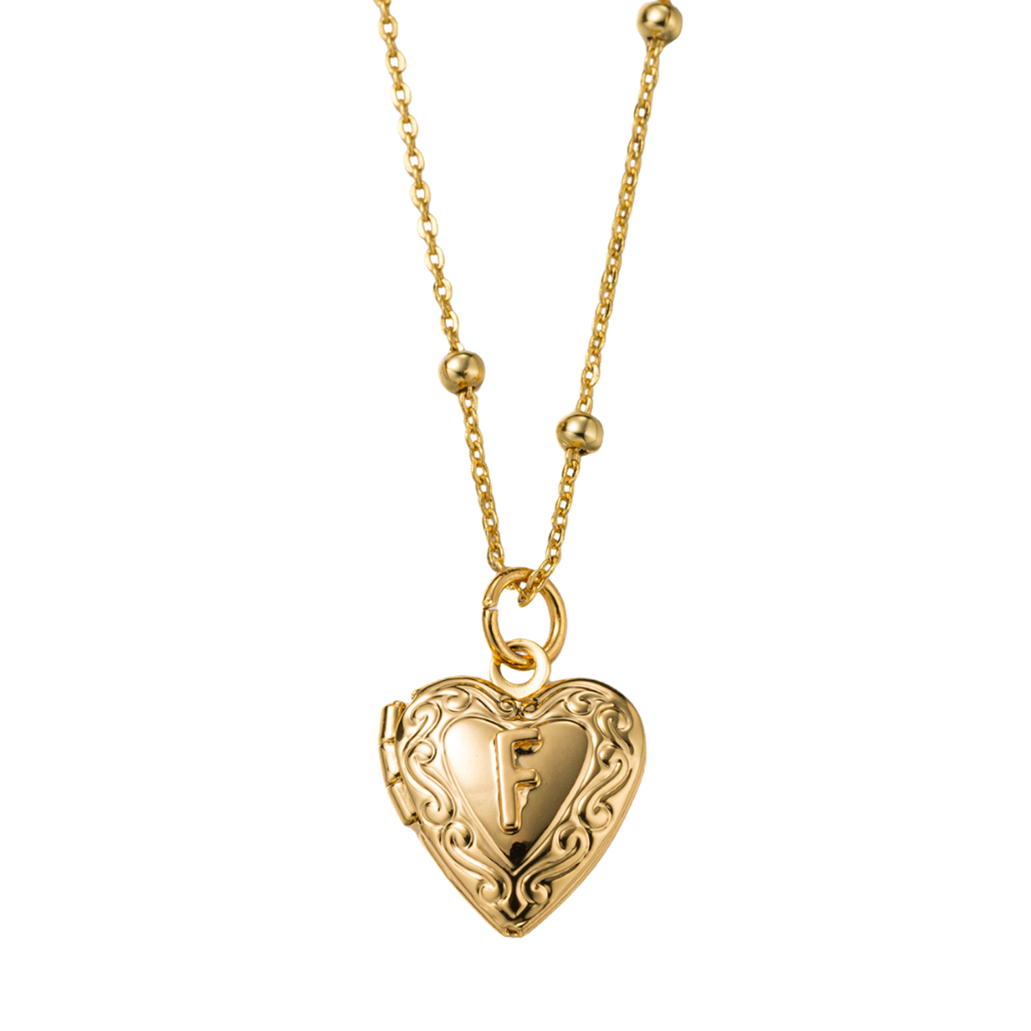Kids 18k Gold Plated Ball Station Chain Necklace with Initial F Gold Heart Locket