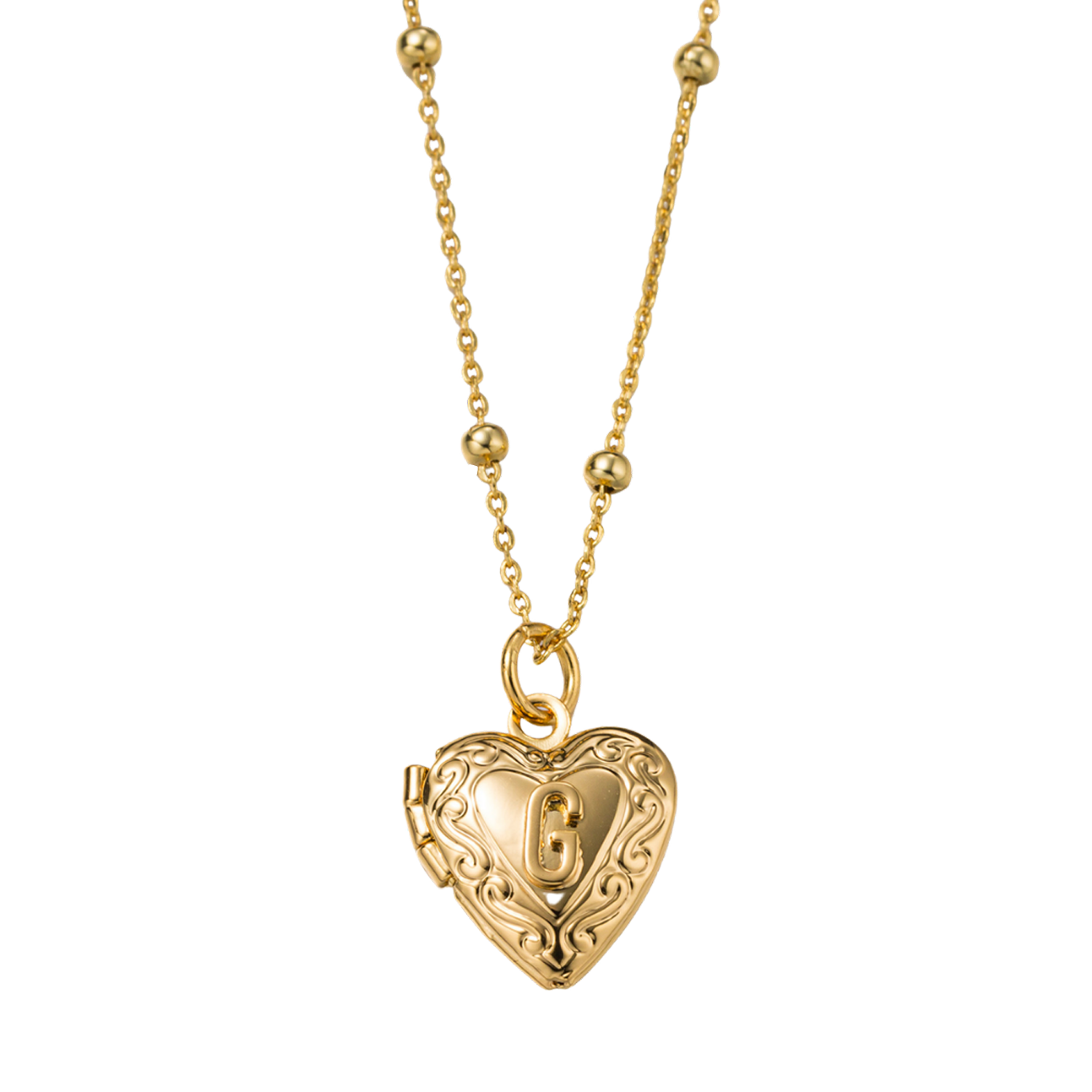 Kids 18k Gold Plated Ball Station Chain Necklace with Initial G Gold Heart Locket