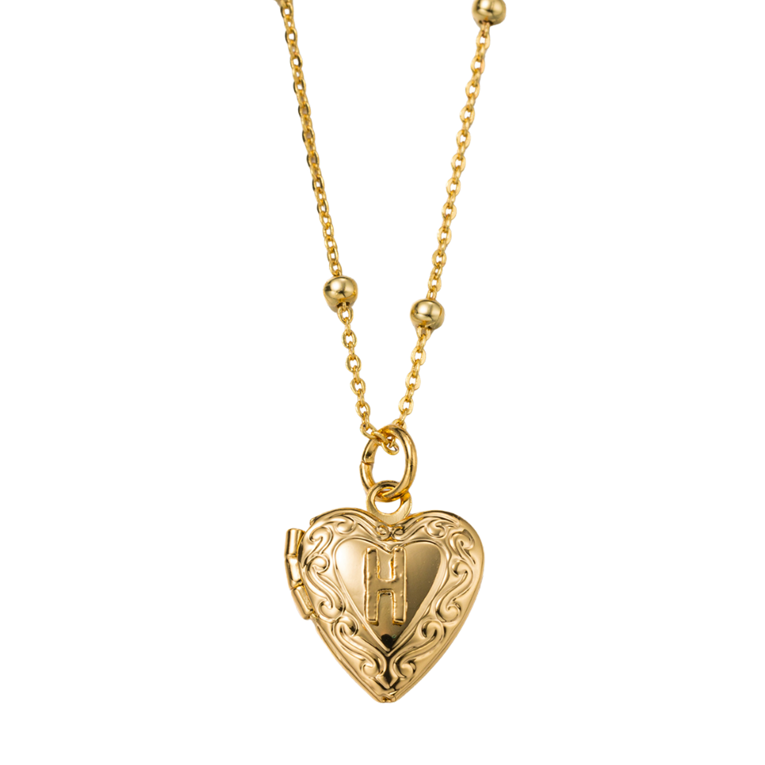 Kids 18k Gold Plated Ball Station Chain Necklace with Initial H Gold Heart Locket