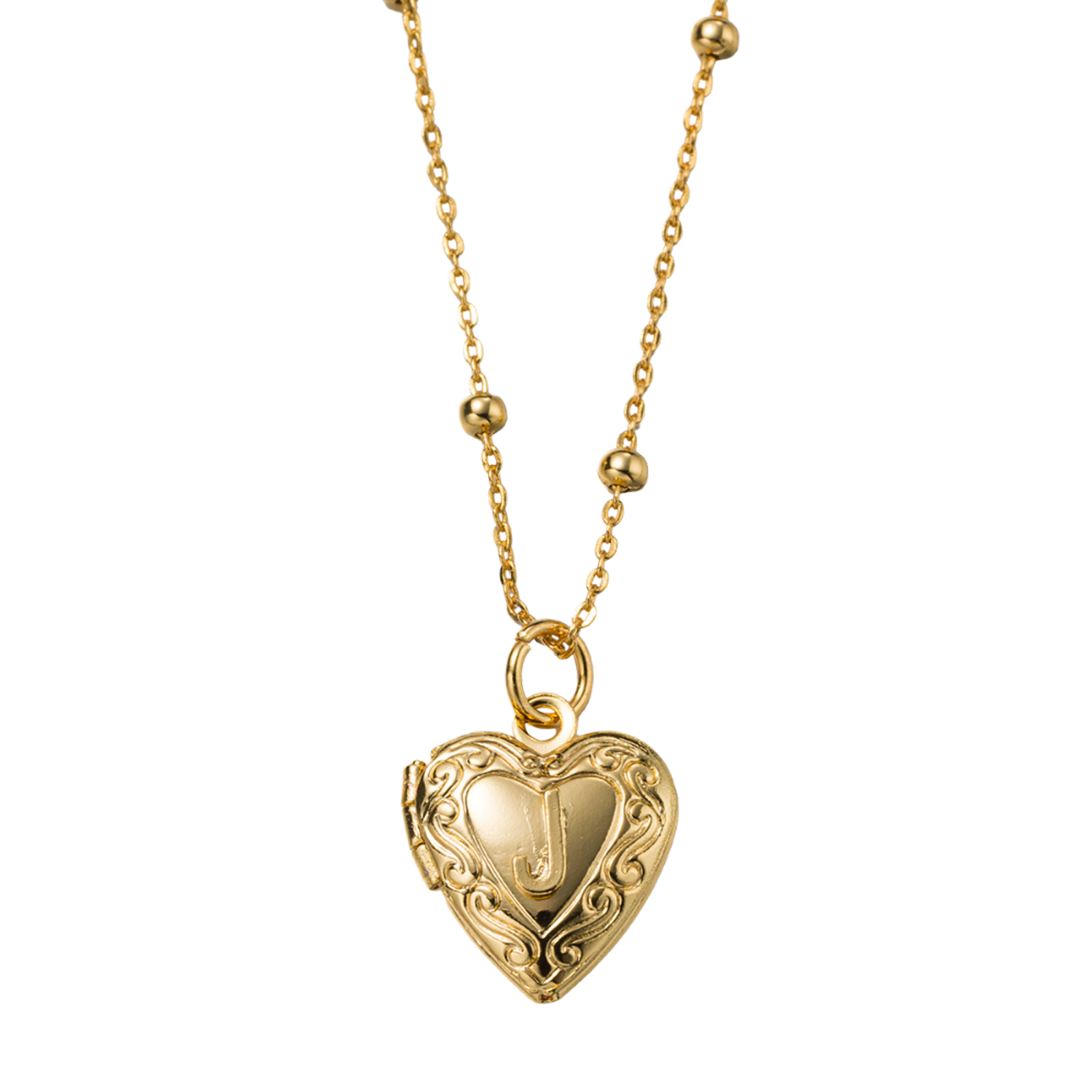 Kids 18k Gold Plated Ball Station Chain Necklace with Initial J Gold Heart Locket