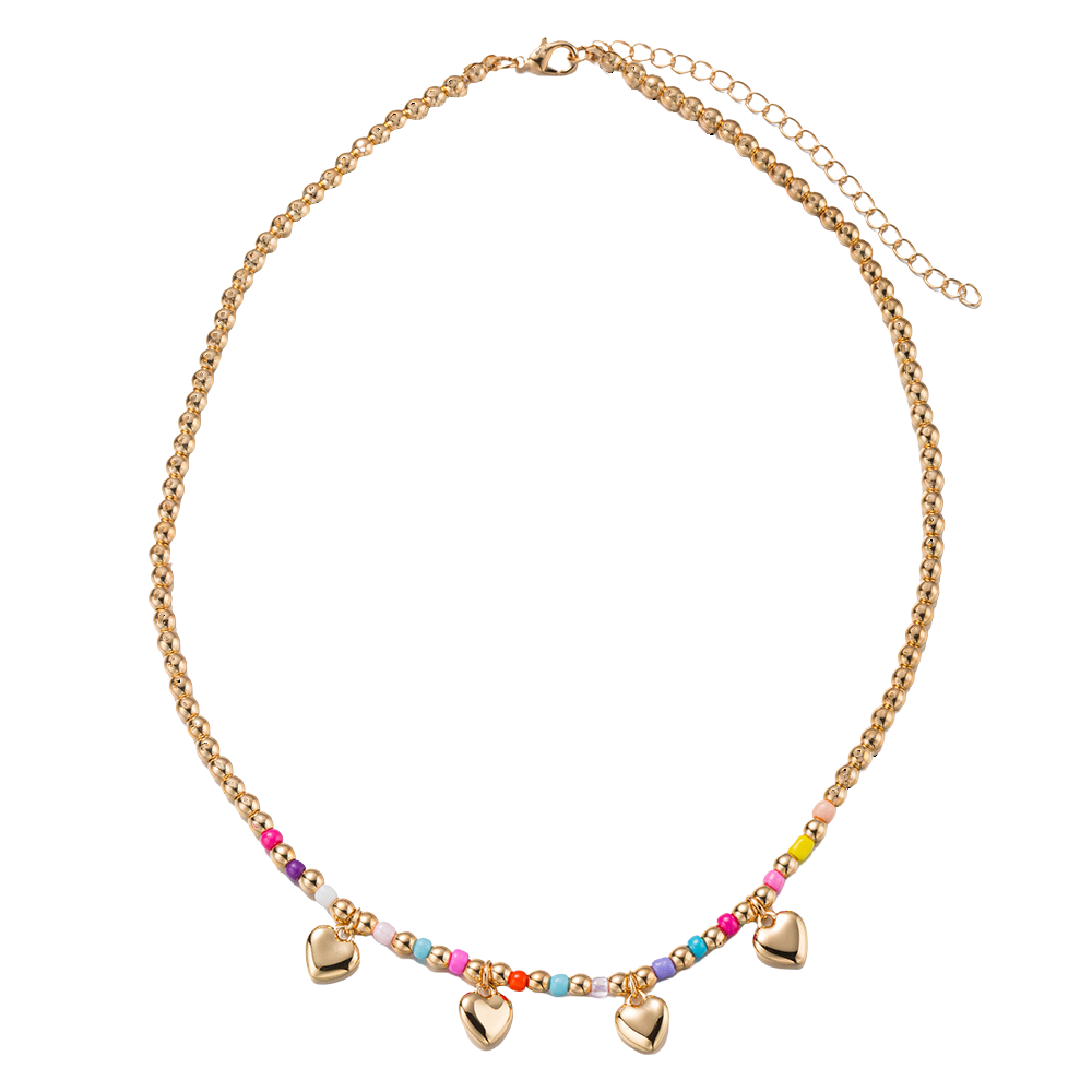 Kids Gold Beaded Necklace with Pink, Blue, Yellow, Orange Accent Beads and Gold Hearts