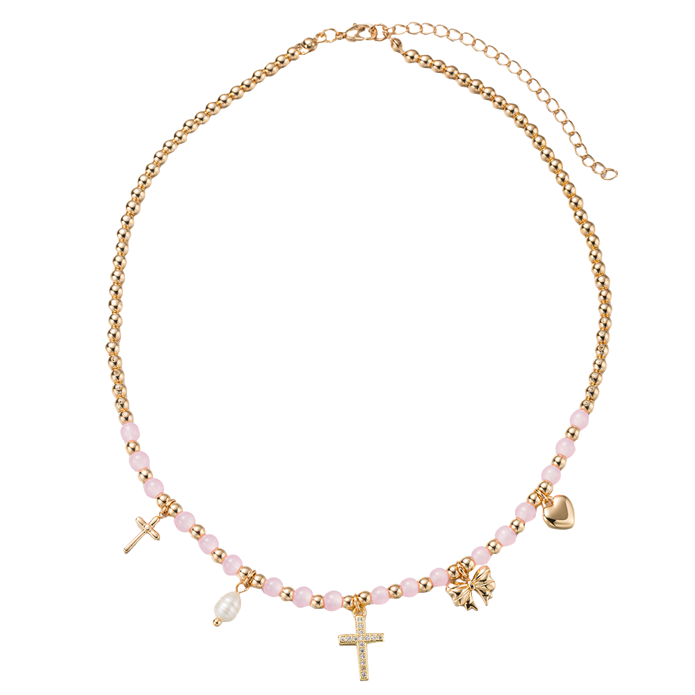 Kids Gold Beaded Necklace with Pink Accent Beads and Gold Cross, Heart, Bow