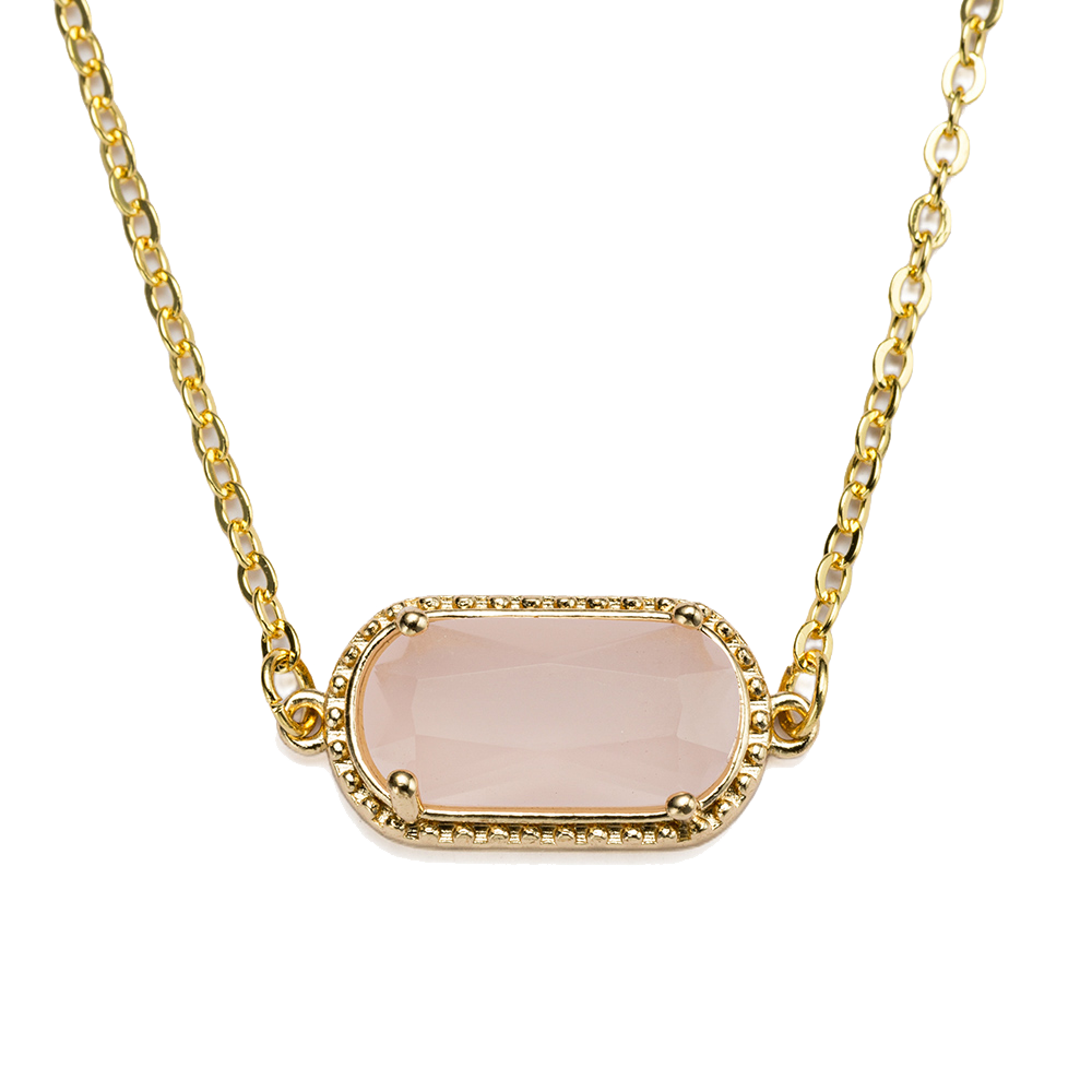 Kids 18k Gold Plated Pressed Chain Necklace with Pink Opaque Rounded Rectangle Pendant