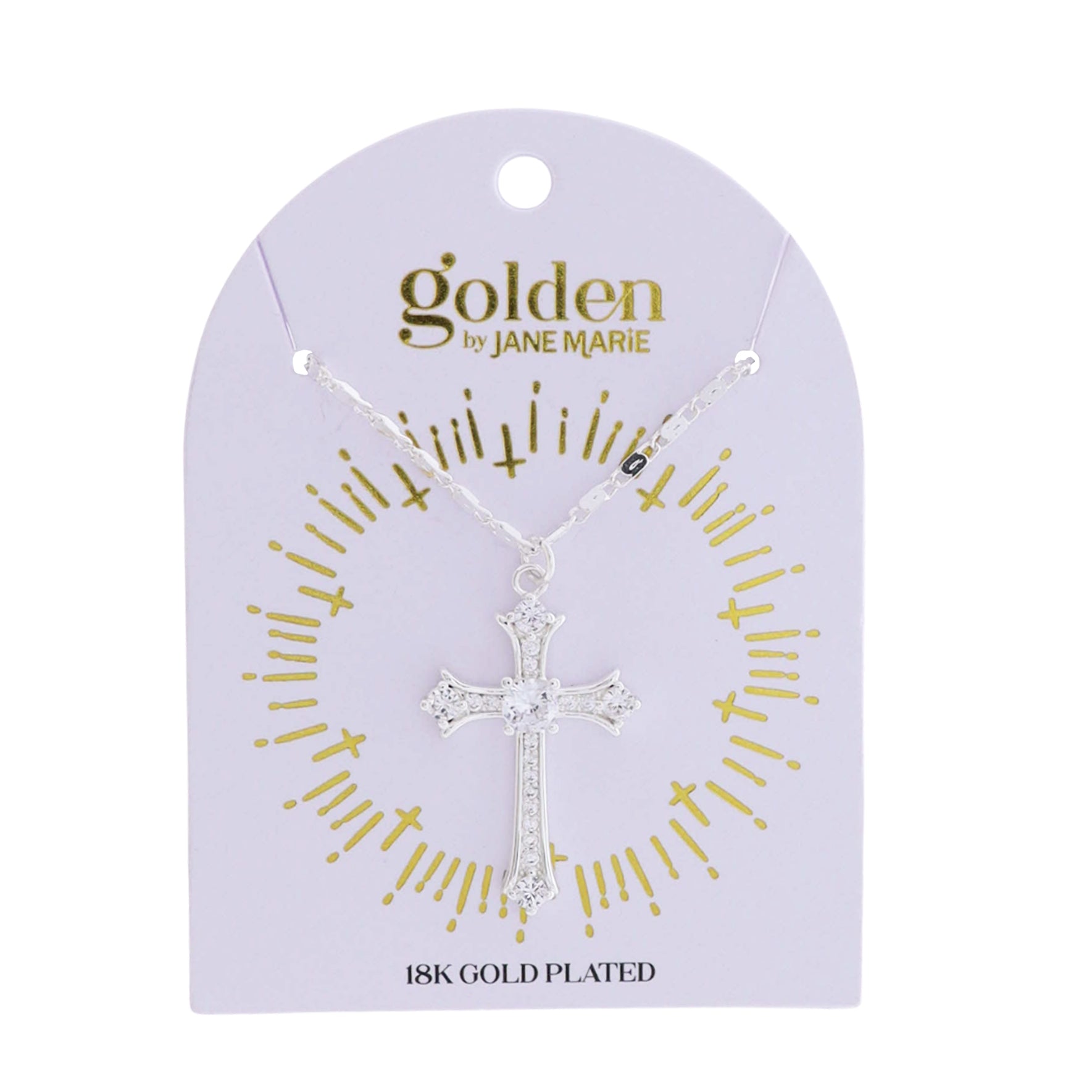 18k Gold Plated Silver Flat Handmade Chain Necklace with Silver Cross with Clear Crystals