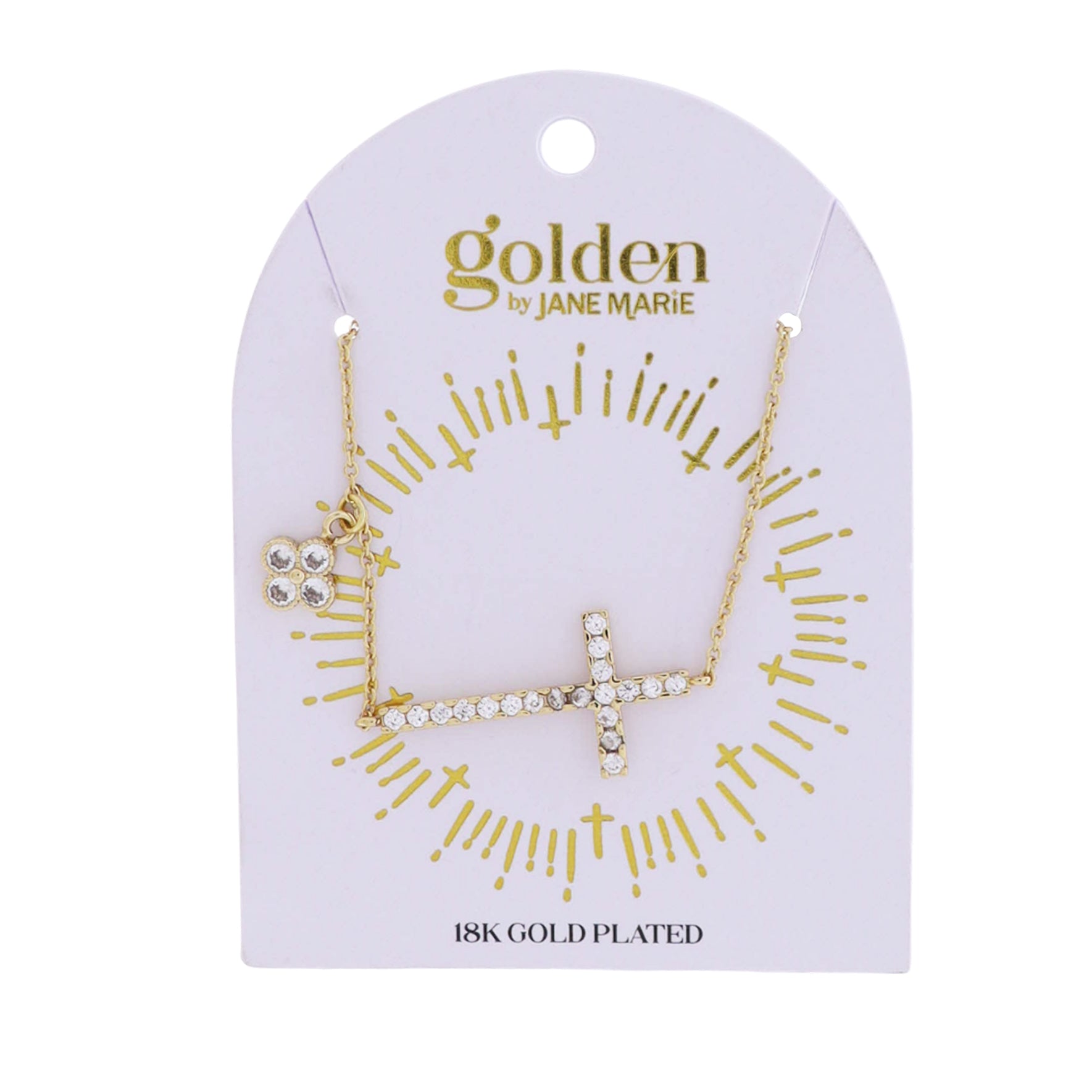 18k Gold Plated Gold Rolo Chain Necklace with Clear Crystal SIdeways Cross & Quatrefoil