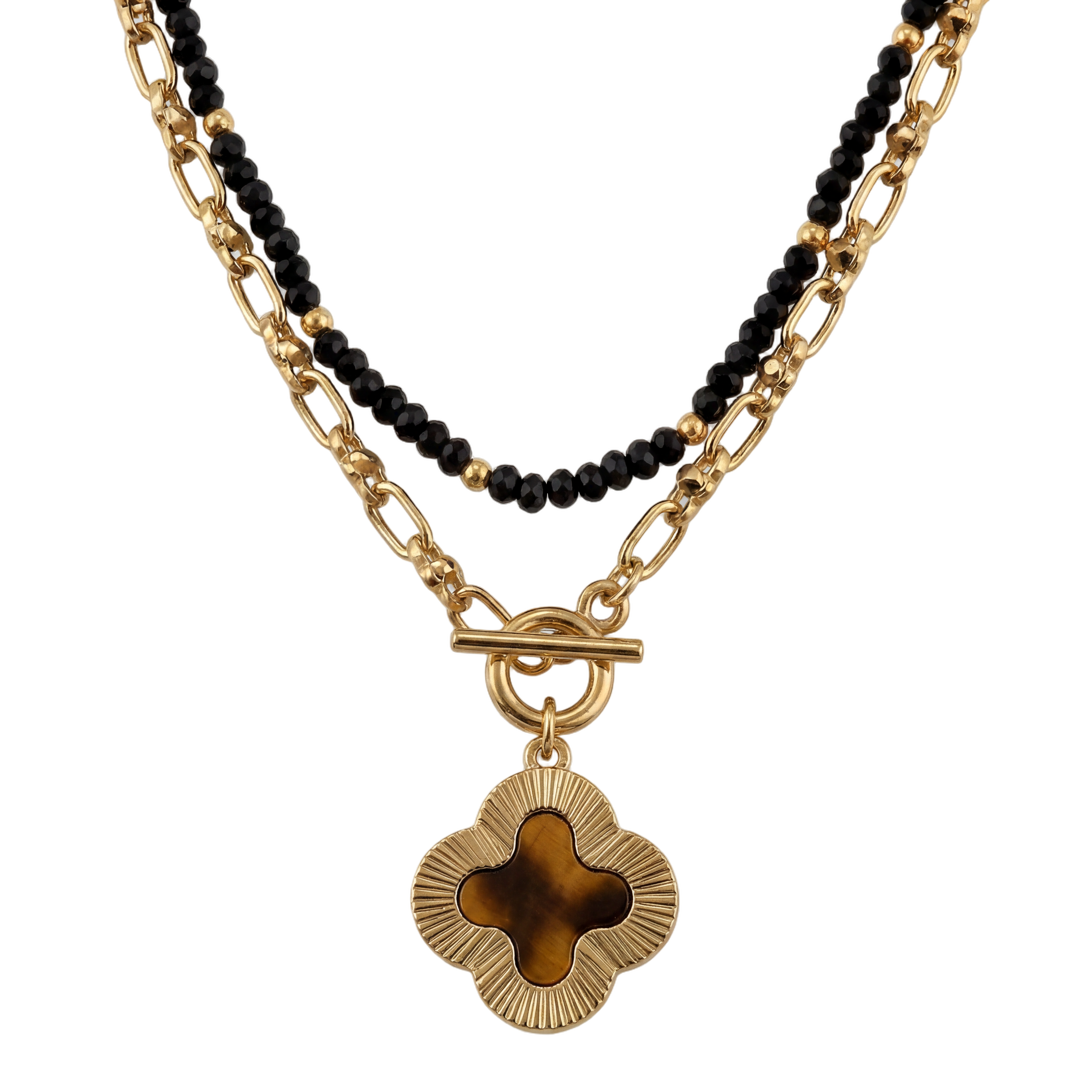 18k Gold Plated Two Strand Gold, Jet Faceted Chain, Beaded Necklace with Tortoise Quatrefoil