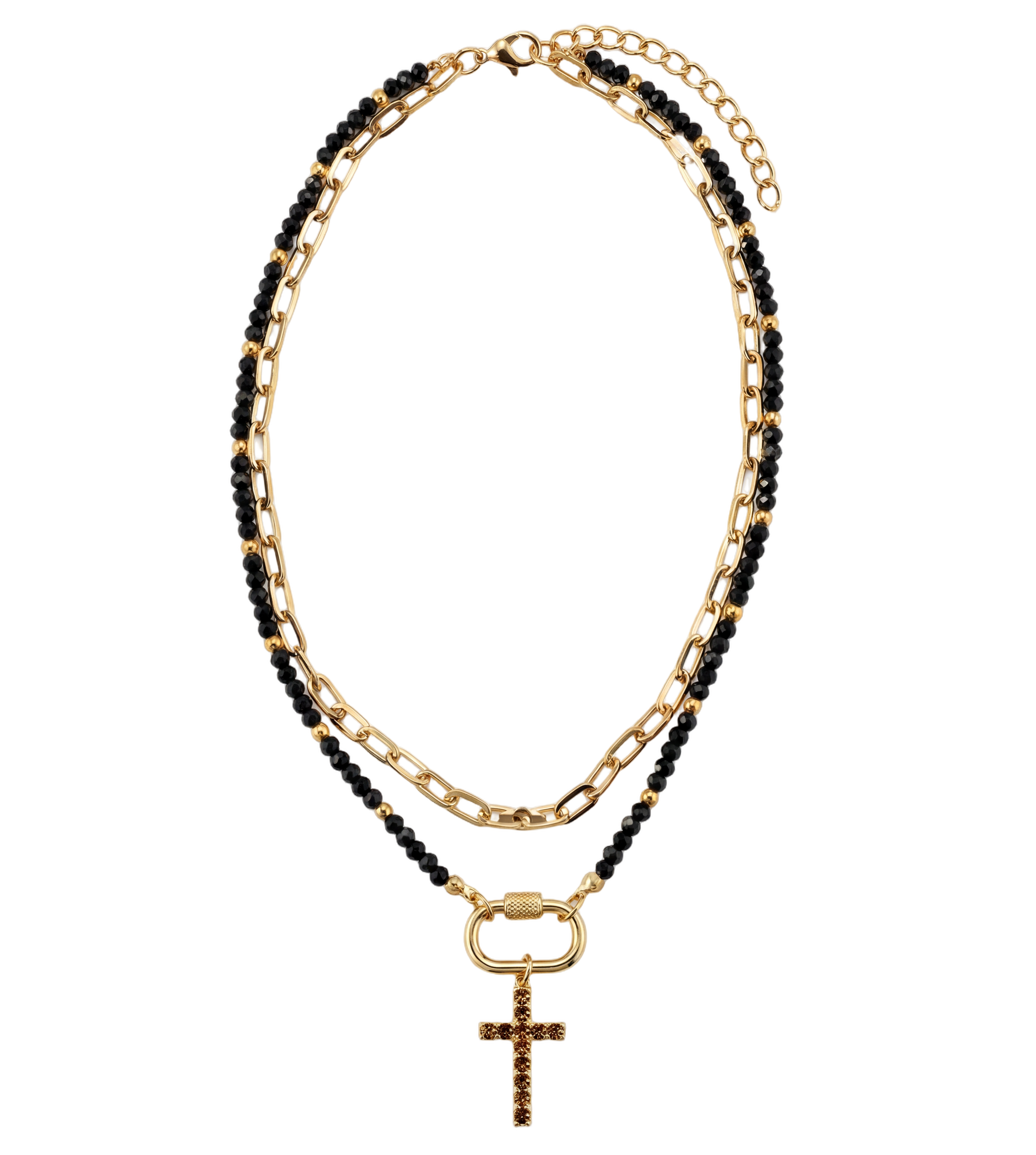 18k Gold Plated Gold, Jet Faceted Chain Necklace with Brown Crystal Cross